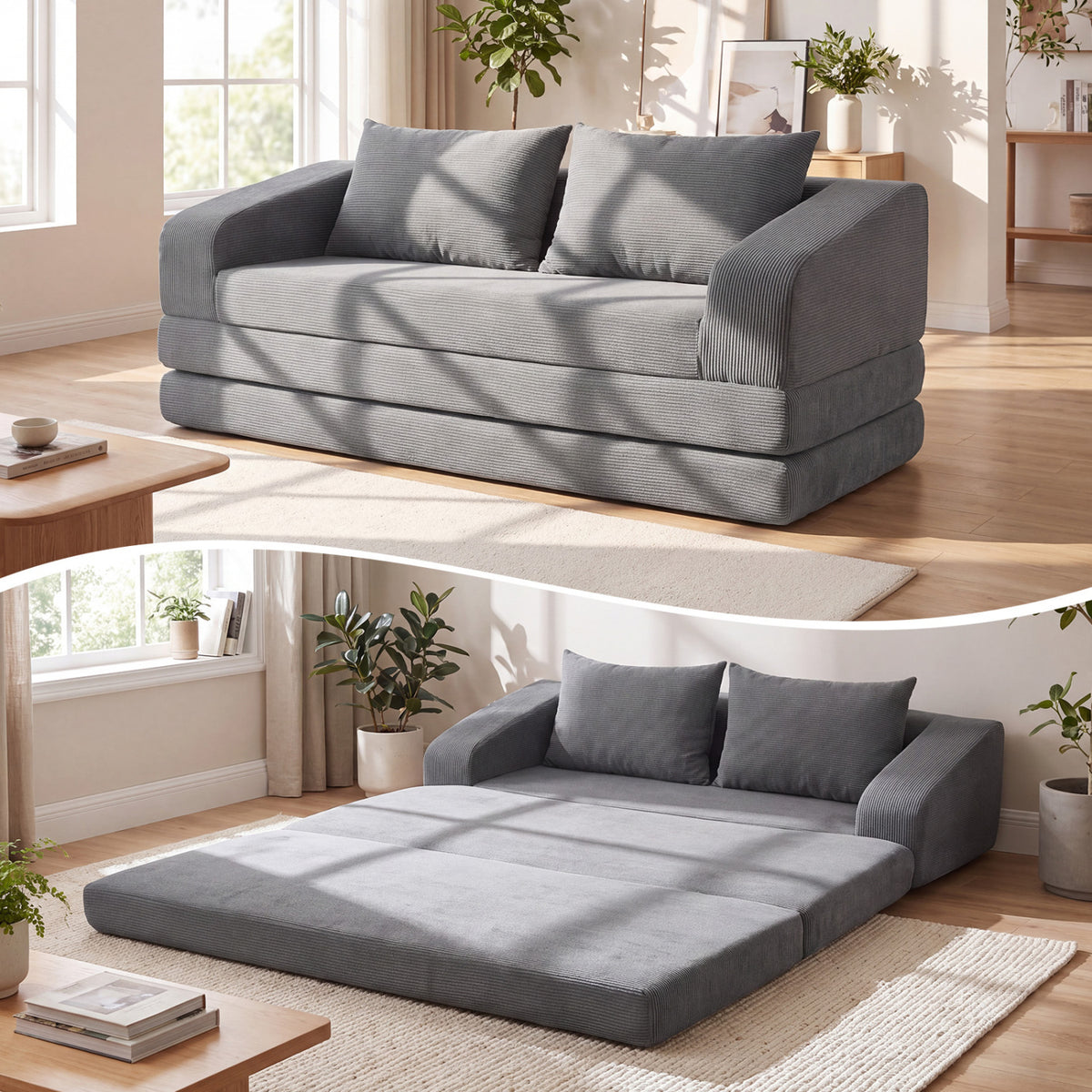 Corduroy Loveseat Sleeper Sofa with 2 Back Cushions for Living Room Bedroom Apartment-Gray-Sofas & Loveseats-DECOROLALA