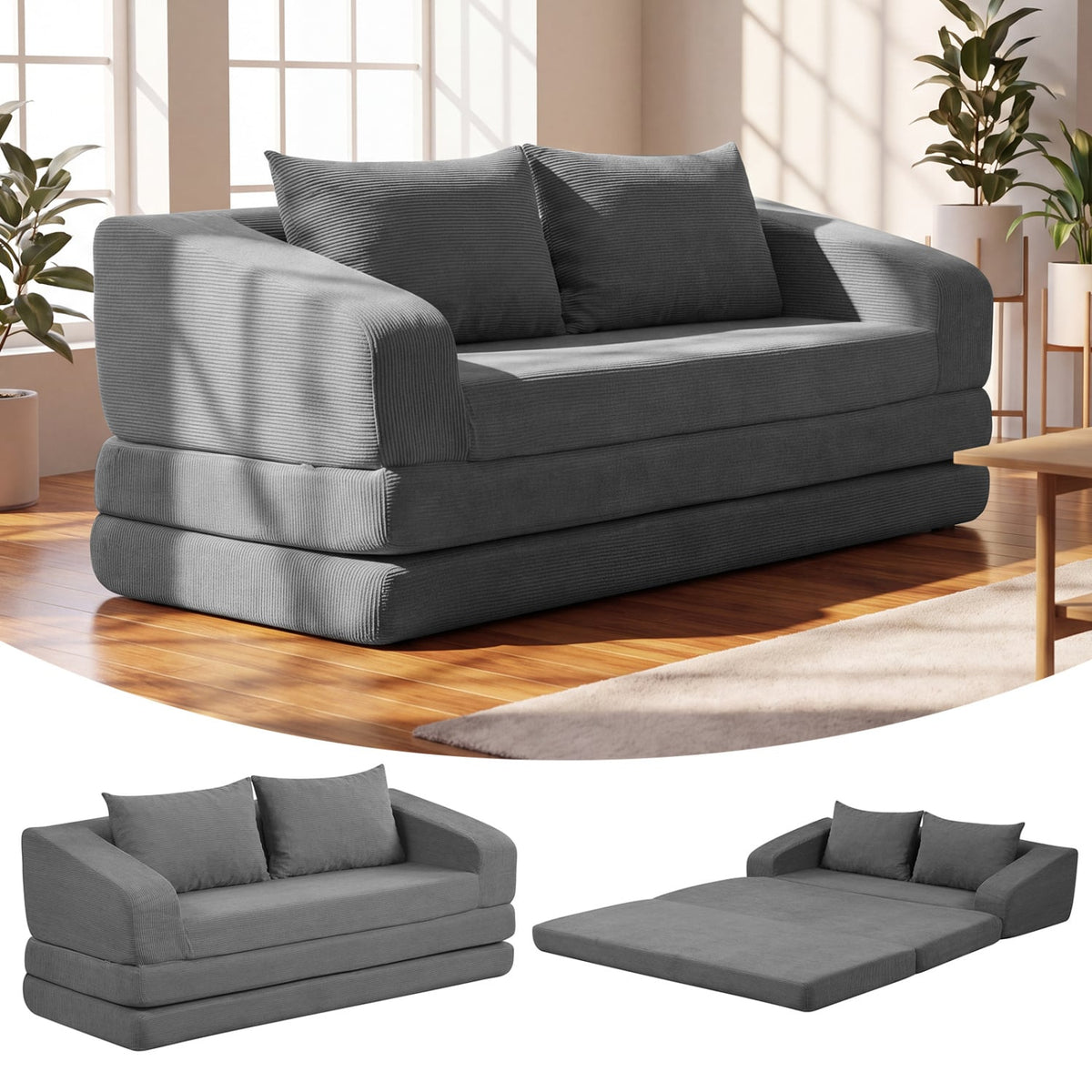 Corduroy Loveseat Sleeper Sofa with 2 Back Cushions for Living Room Bedroom Apartment-Gray-Sofas & Loveseats-DECOROLALA