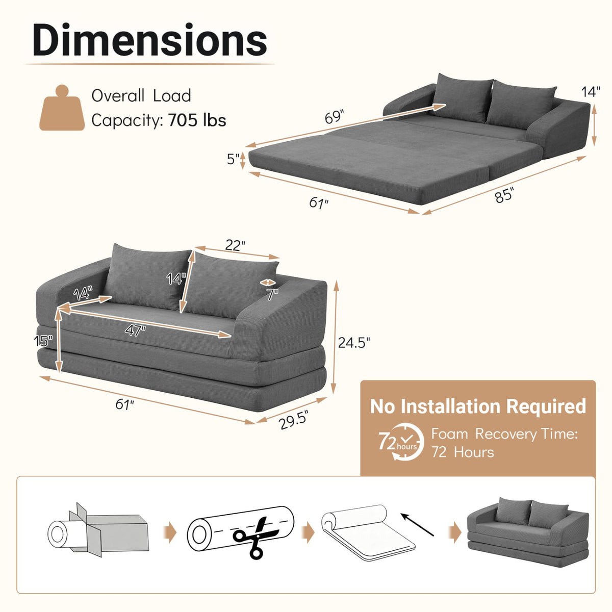 Corduroy Loveseat Sleeper Sofa with 2 Back Cushions for Living Room Bedroom Apartment-Gray-Sofas & Loveseats-DECOROLALA