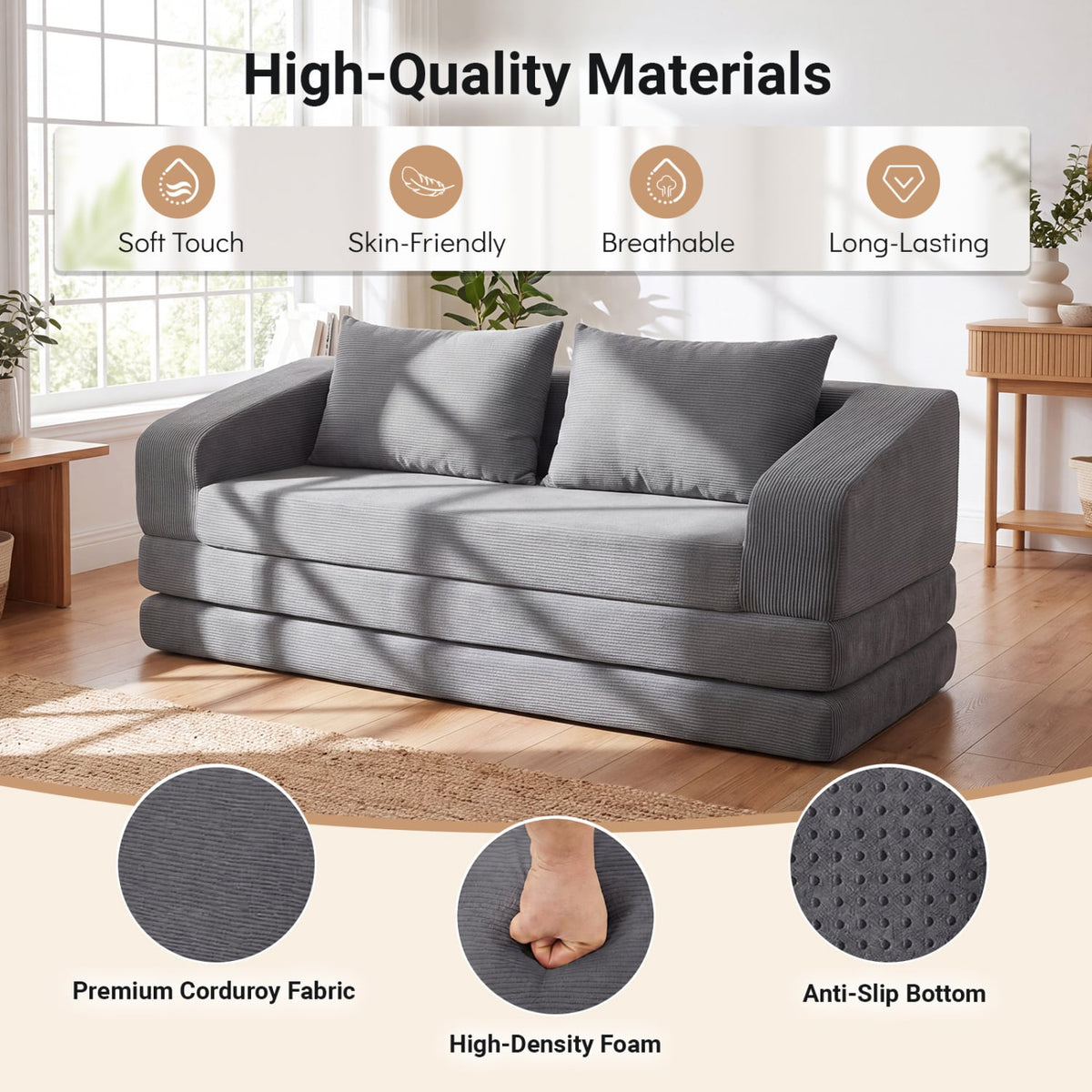 Corduroy Loveseat Sleeper Sofa with 2 Back Cushions for Living Room Bedroom Apartment-Gray-Sofas & Loveseats-DECOROLALA