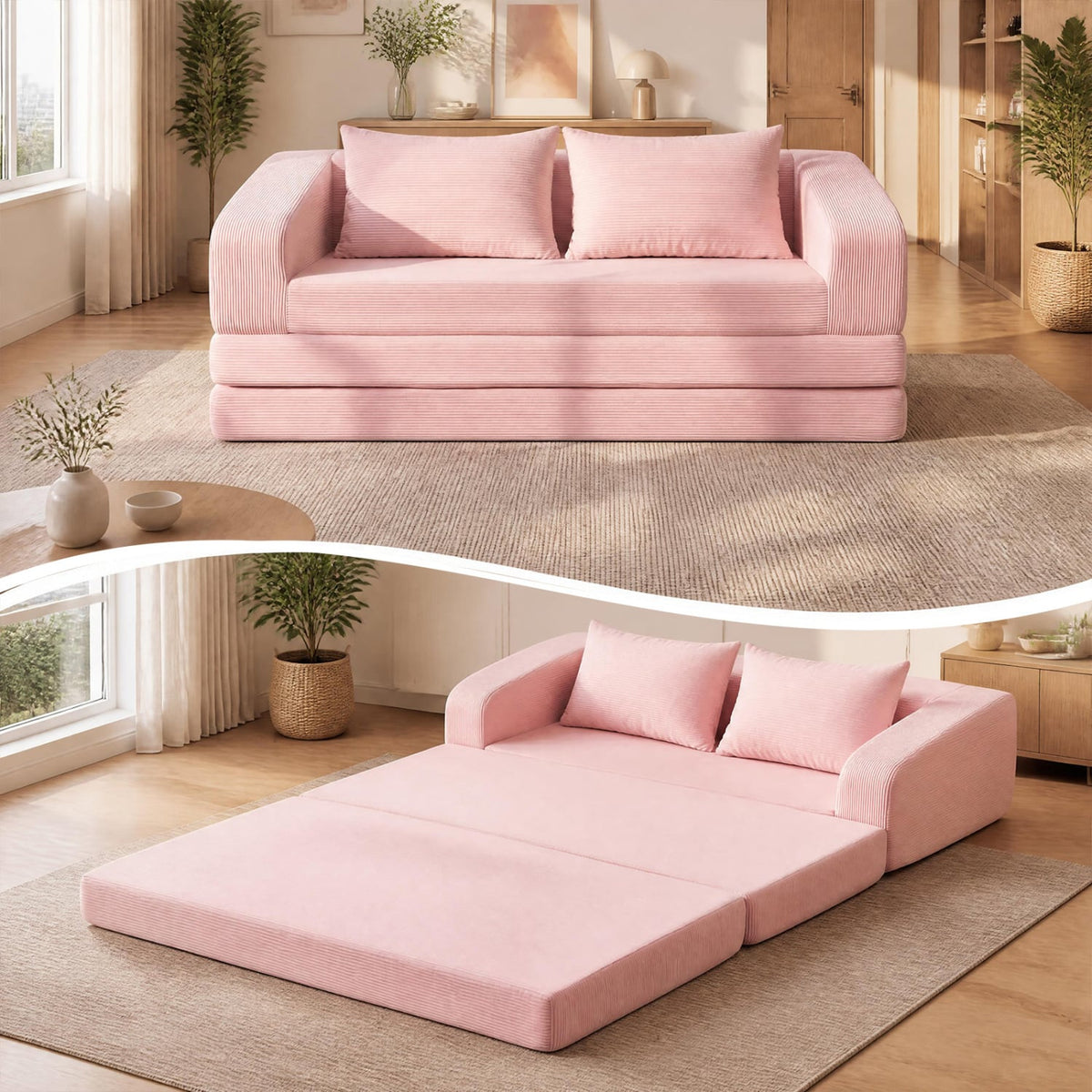 Corduroy Loveseat Sleeper Sofa with 2 Back Cushions for Living Room Bedroom Apartment-Pink-Sofas & Loveseats-DECOROLALA