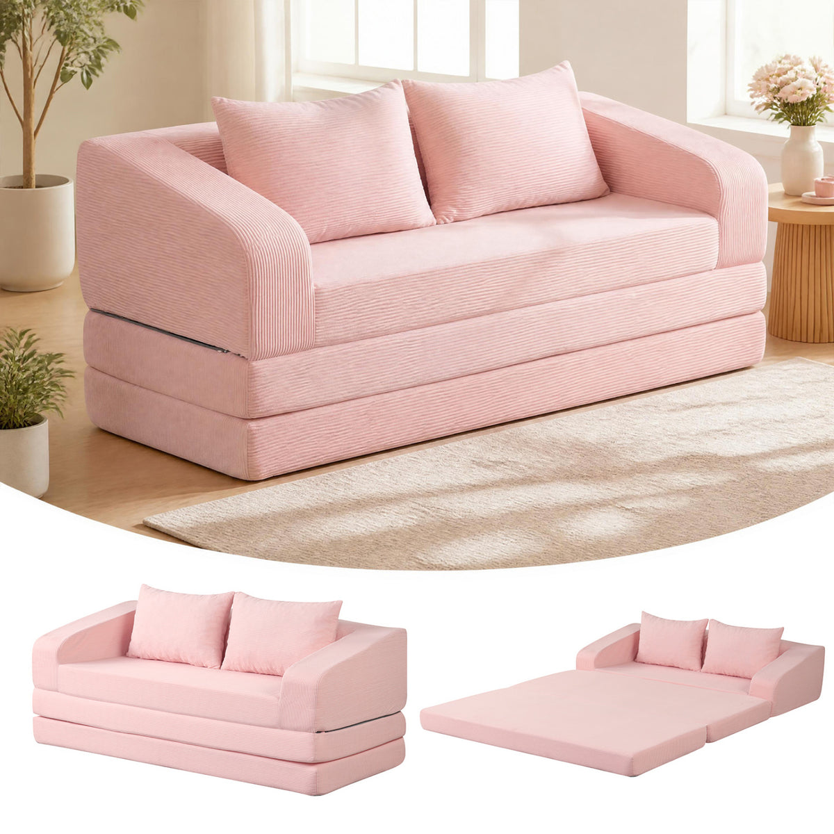 Corduroy Loveseat Sleeper Sofa with 2 Back Cushions for Living Room Bedroom Apartment-Pink-Sofas & Loveseats-DECOROLALA