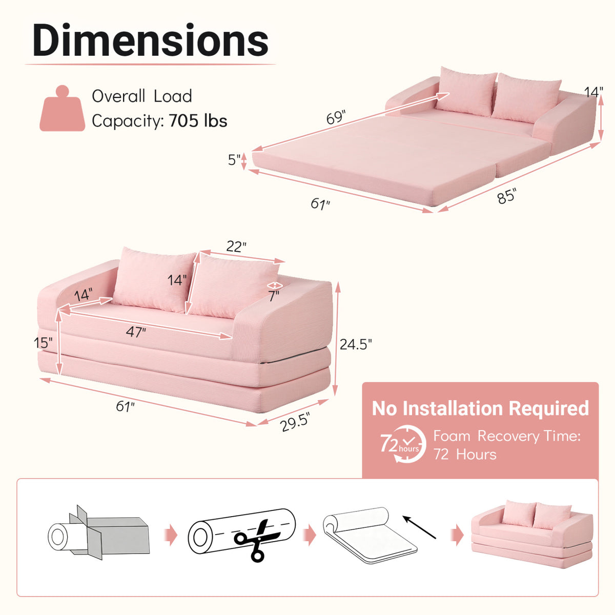 Corduroy Loveseat Sleeper Sofa with 2 Back Cushions for Living Room Bedroom Apartment-Pink-Sofas & Loveseats-DECOROLALA