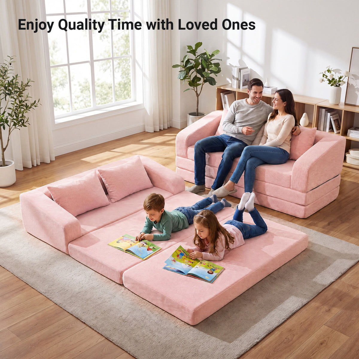 Corduroy Loveseat Sleeper Sofa with 2 Back Cushions for Living Room Bedroom Apartment-Pink-Sofas & Loveseats-DECOROLALA