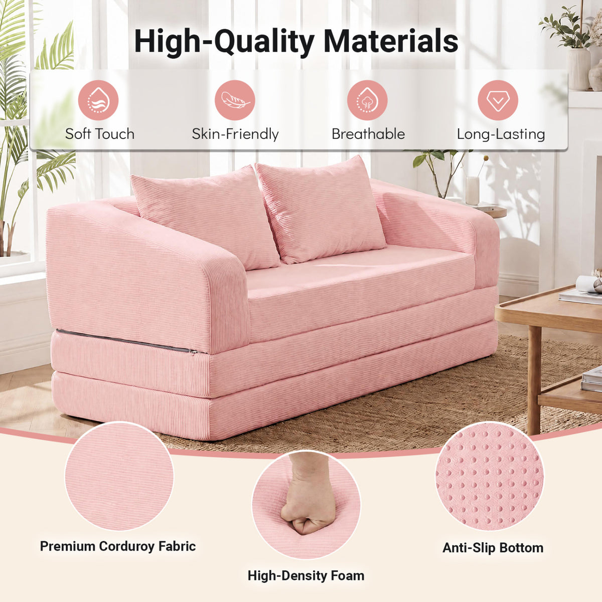 Corduroy Loveseat Sleeper Sofa with 2 Back Cushions for Living Room Bedroom Apartment-Pink-Sofas & Loveseats-DECOROLALA