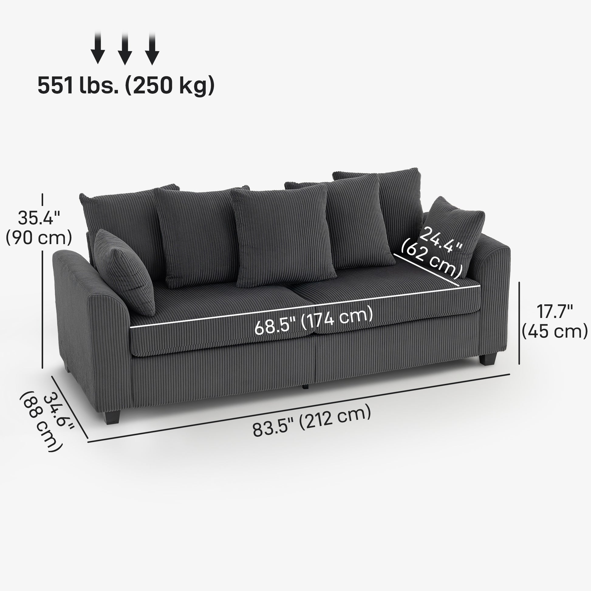 Corduroy Sofa 3 Seater - Dark Grey Curved-DECOROLALA