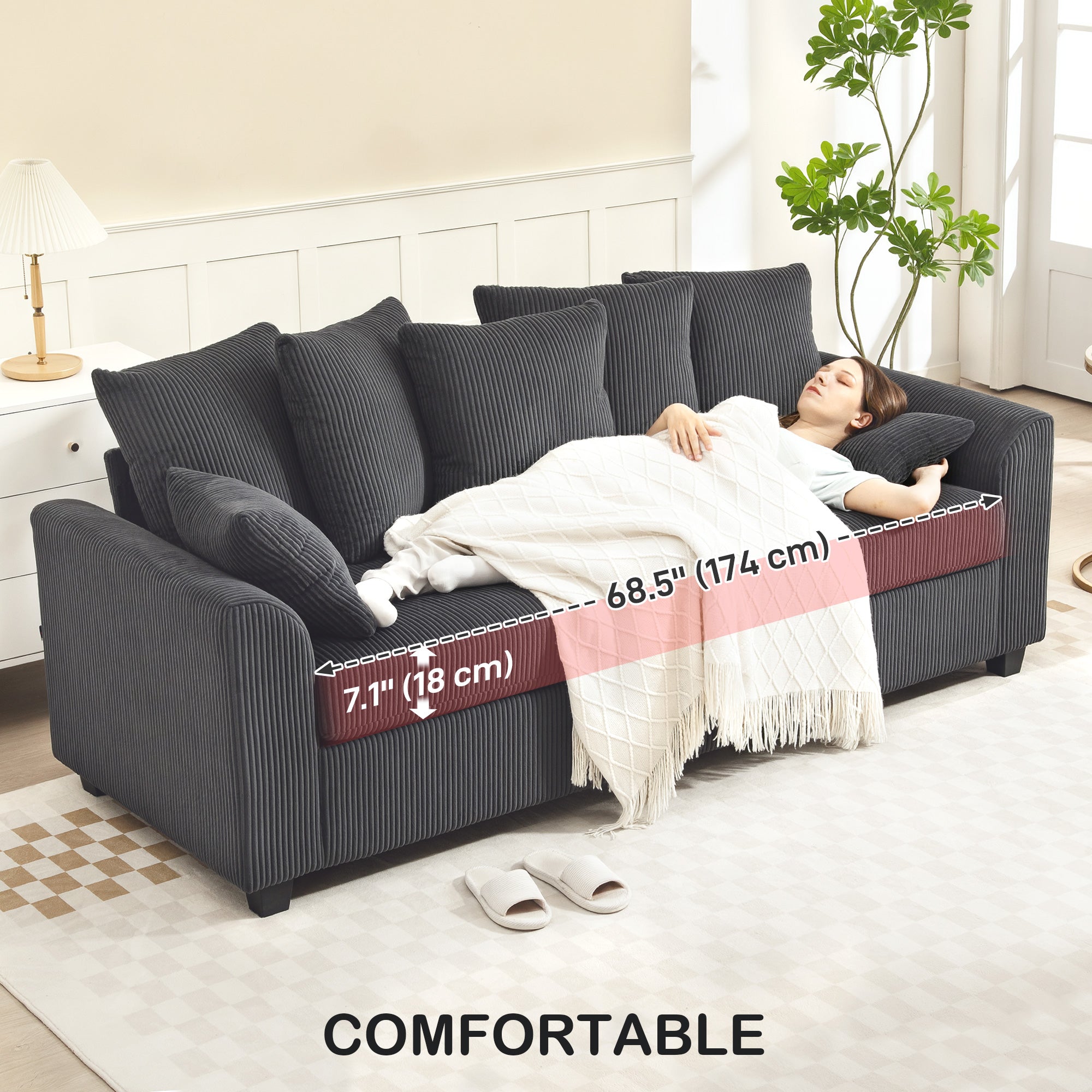 Corduroy Sofa 3 Seater - Dark Grey Curved-DECOROLALA