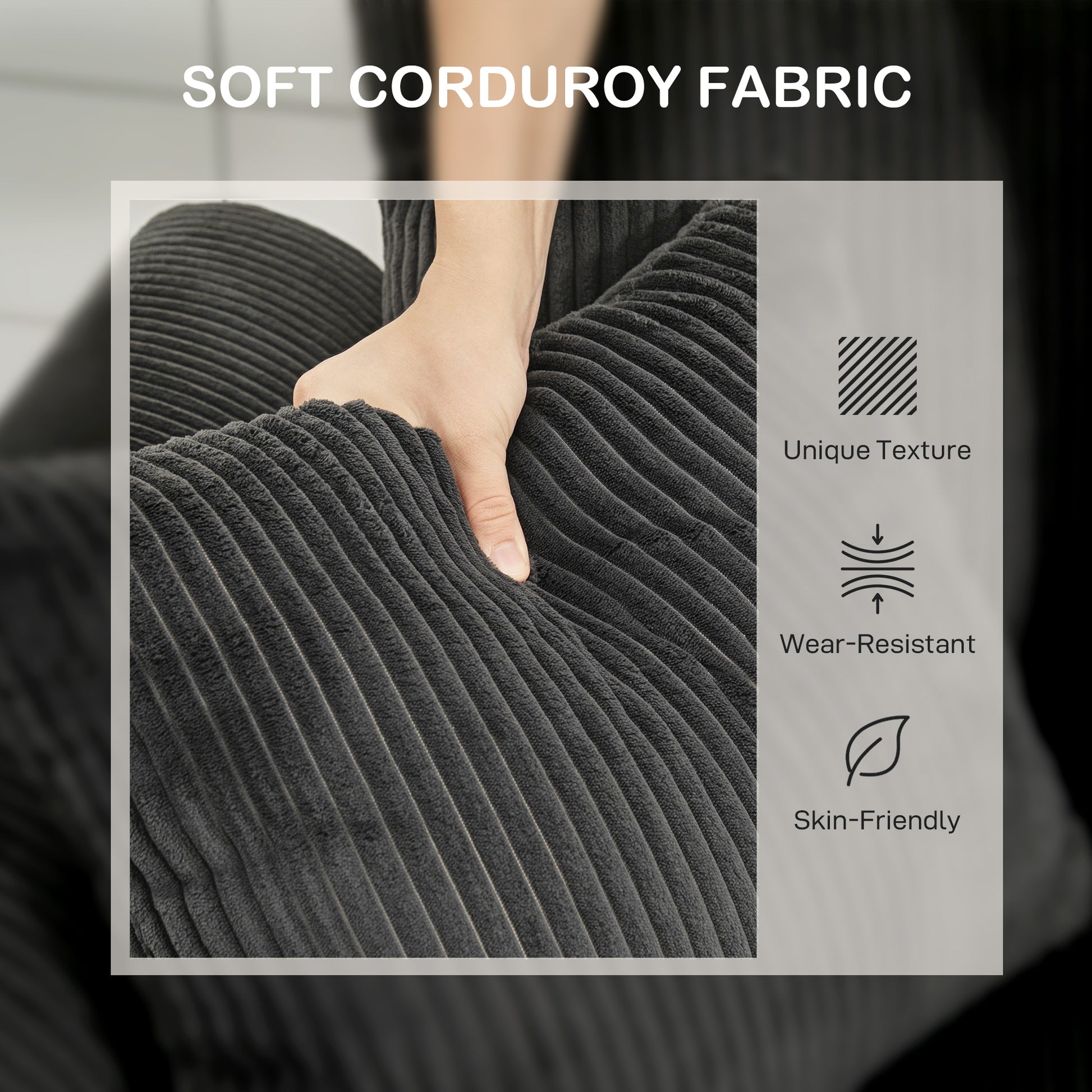 Corduroy Sofa 3 Seater - Dark Grey Curved-DECOROLALA
