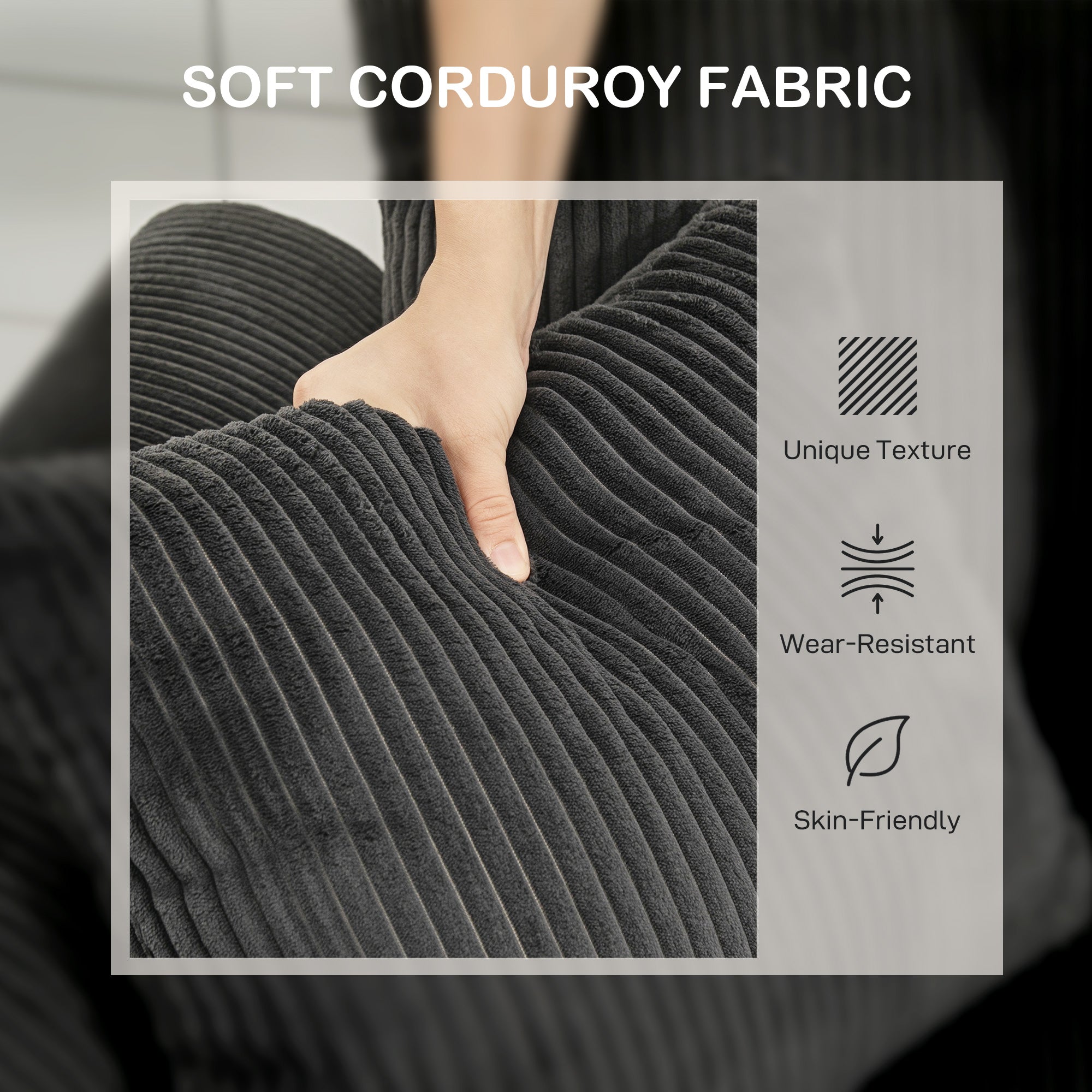 Corduroy Sofa 3 Seater - Dark Grey Curved-DECOROLALA