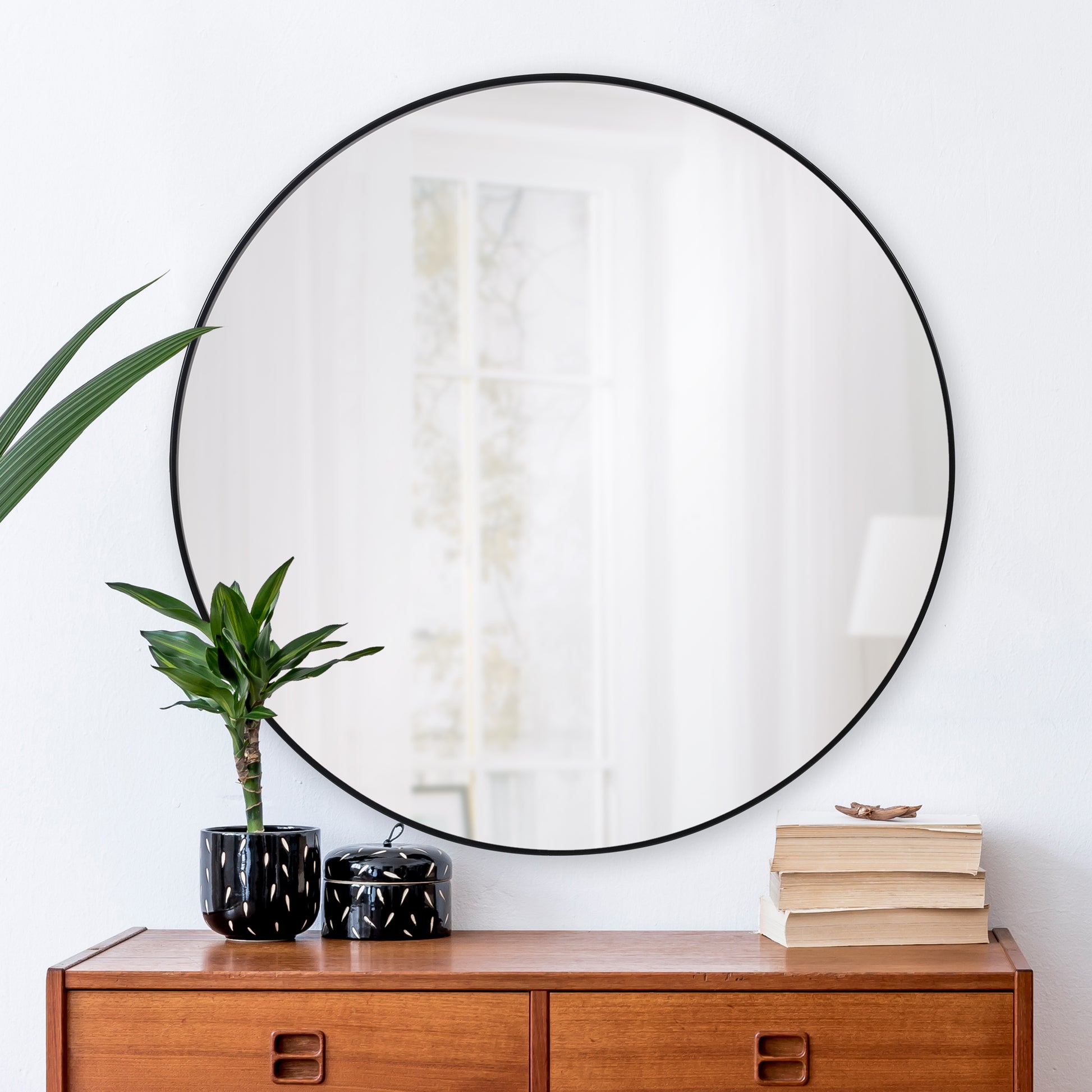 Cori 40" Tall Round Wall Mirror, Black-Mirror-DECOROLALA