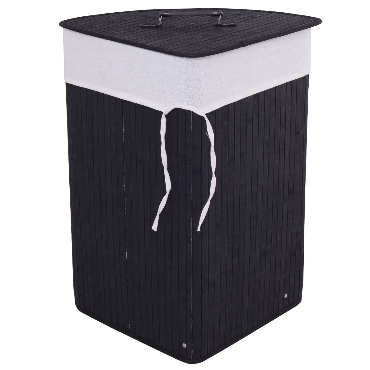 Corner Bamboo Hamper Laundry Basket with Lid and Removable Liner-Black-Laundry Baskets-DECOROLALA