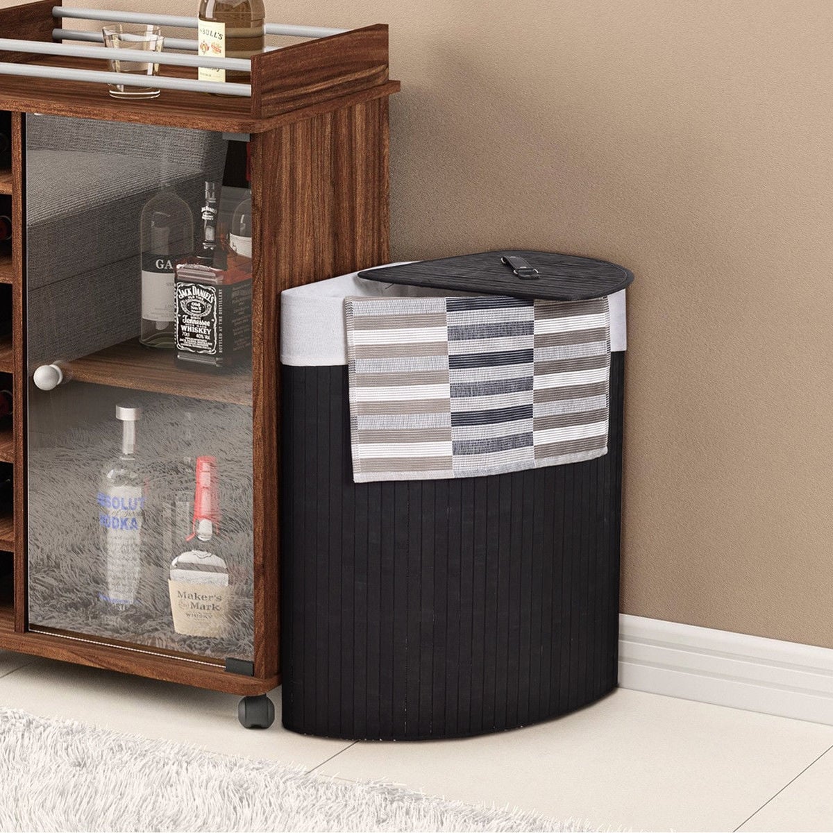 Corner Bamboo Hamper Laundry Basket with Lid and Removable Liner-Black-Laundry Baskets-DECOROLALA