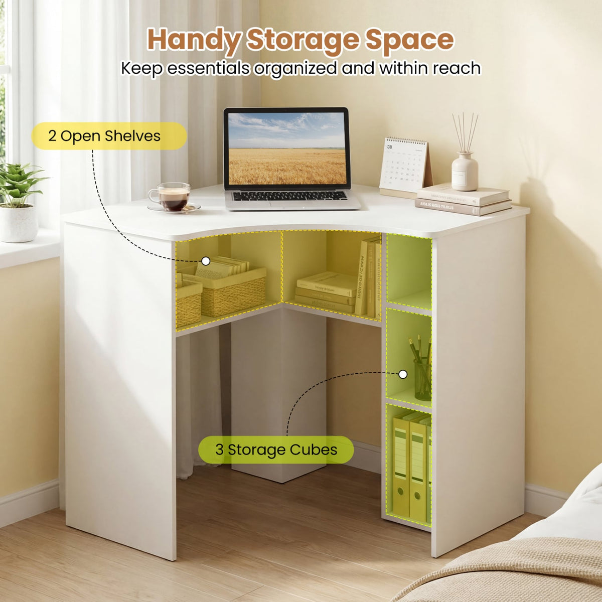 Corner Computer Desk Triangle Home Office Desk with Adjustable Shelf and Arc-Shaped Profile-White-Corner Desks-DECOROLALA