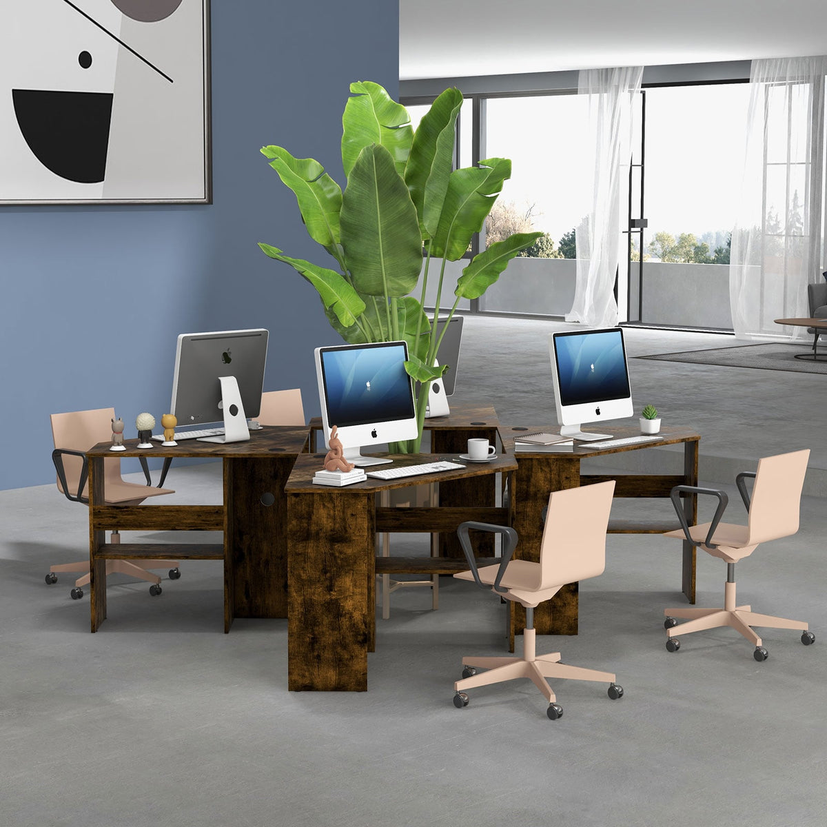 Corner Computer Desk Triangle Writing Workstation with Storage Shelf-Rustic Brown-Corner Desks-DECOROLALA