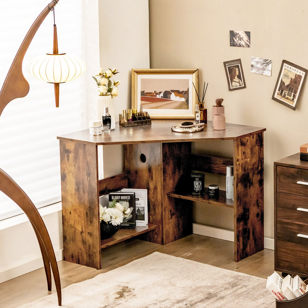 Corner Computer Desk Triangle Writing Workstation with Storage Shelf-Rustic Brown-Corner Desks-DECOROLALA