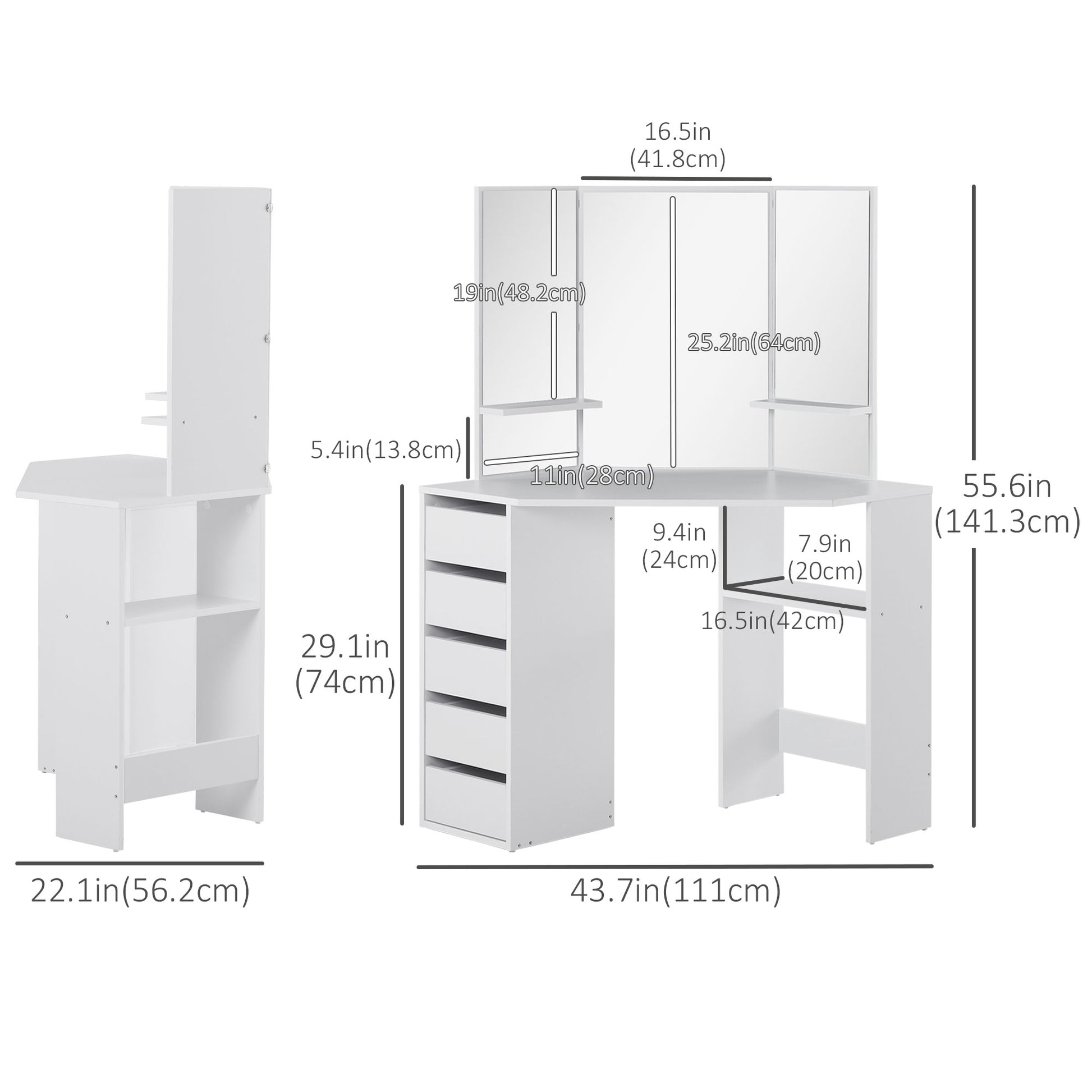 Corner Dressing Table - White Makeup Vanity with 3 Mirrors-DECOROLALA