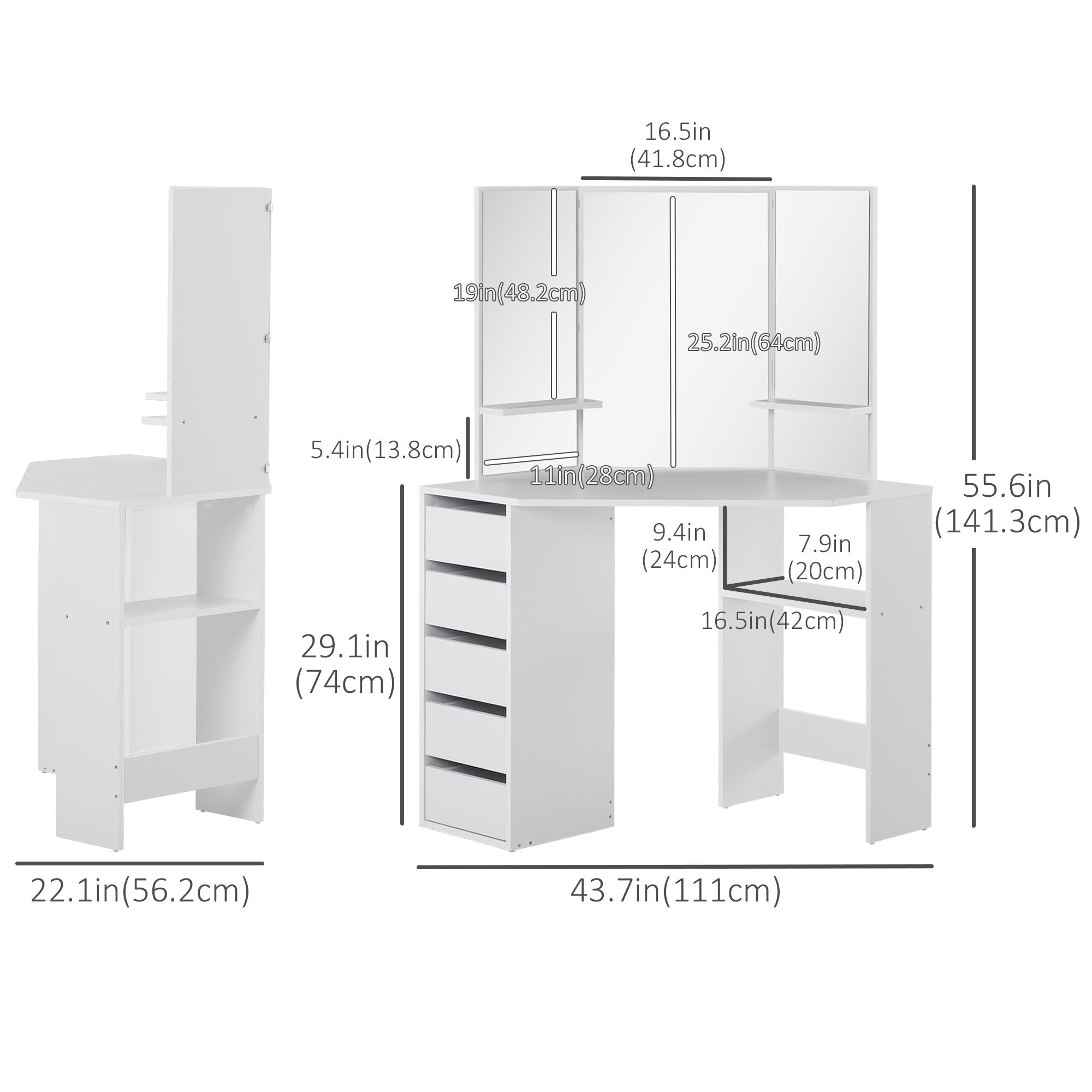 Corner Dressing Table - White Makeup Vanity with 3 Mirrors-DECOROLALA