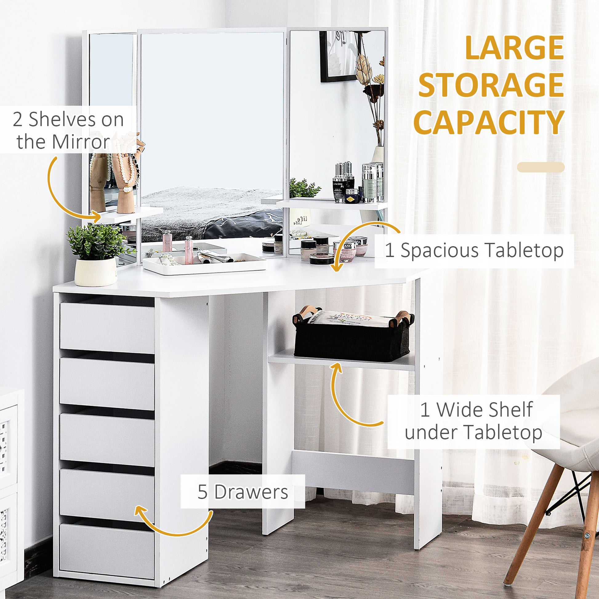 Corner Dressing Table - White Makeup Vanity with 3 Mirrors-DECOROLALA