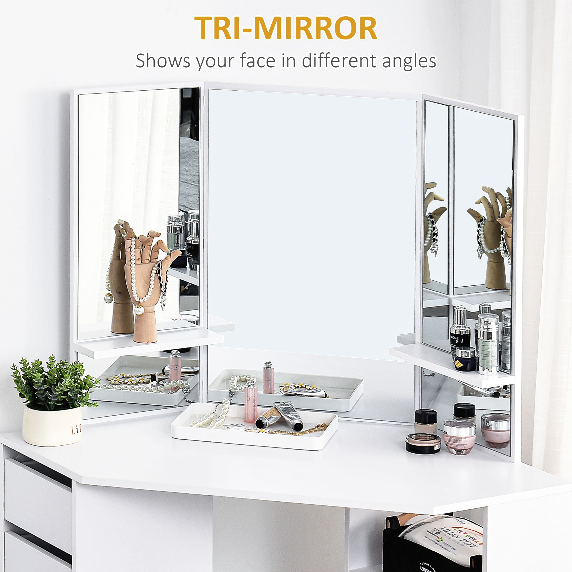 Corner Dressing Table - White Makeup Vanity with 3 Mirrors-DECOROLALA