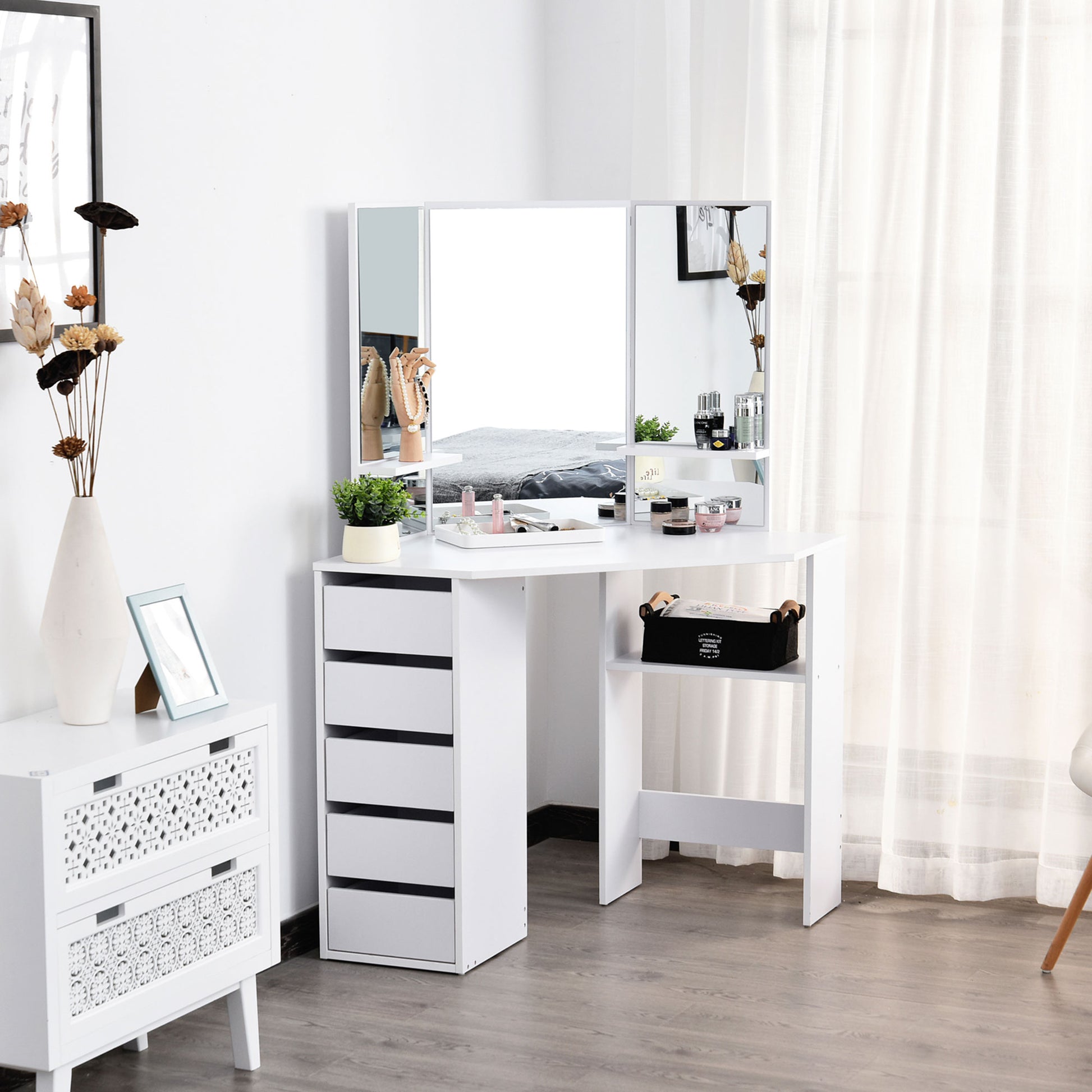 Corner Dressing Table - White Makeup Vanity with 3 Mirrors-DECOROLALA