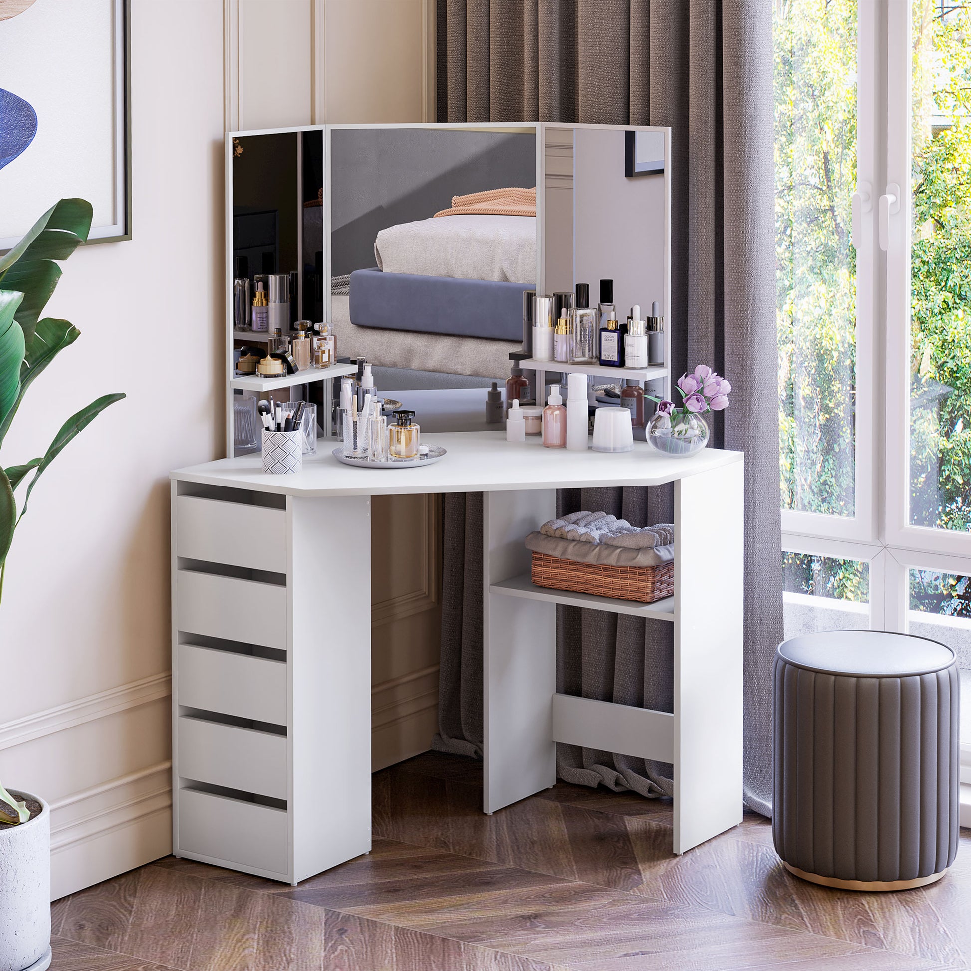 Corner Dressing Table - White Makeup Vanity with 3 Mirrors-DECOROLALA