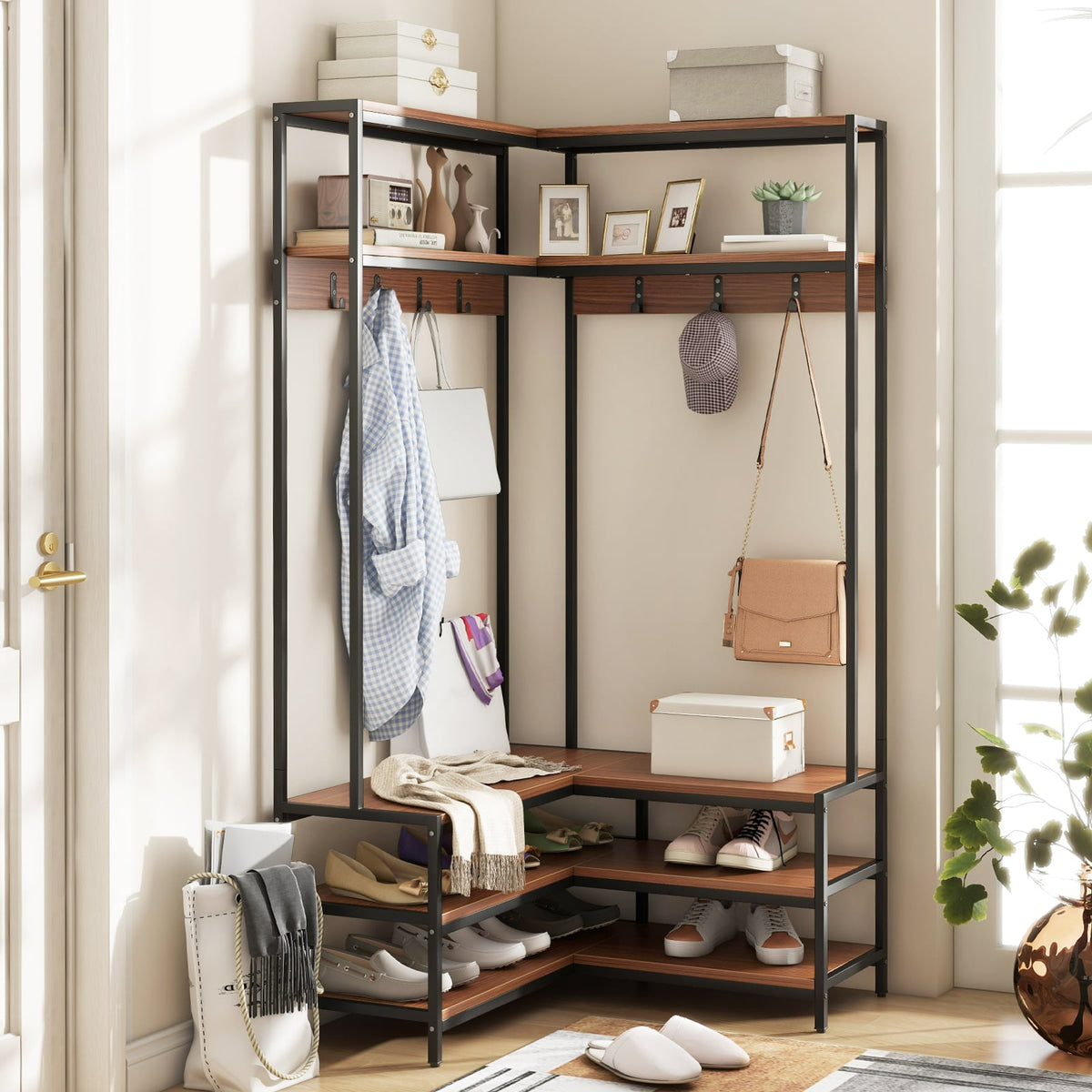 Corner Garment Rack with Open Shelves and 7 Hooks Shoe Bench-Walnut-Clothing & Closet Storage-DECOROLALA