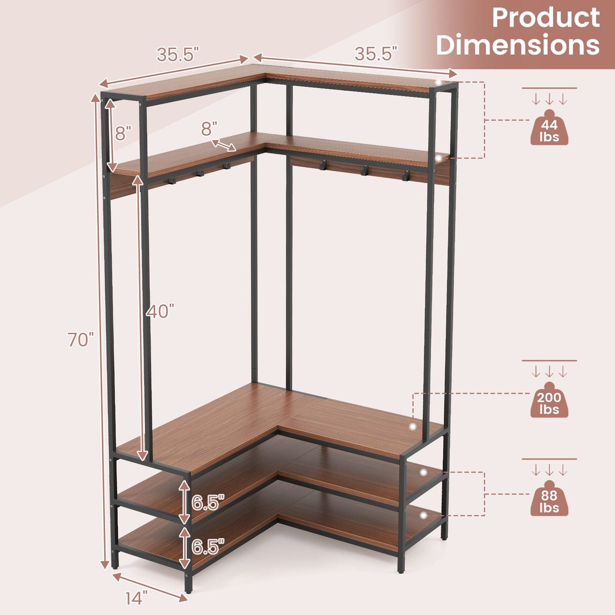 Corner Garment Rack with Open Shelves and 7 Hooks Shoe Bench-Walnut-Clothing & Closet Storage-DECOROLALA