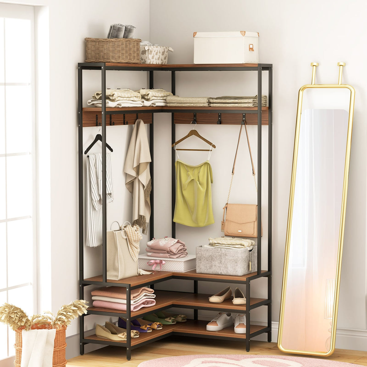 Corner Garment Rack with Open Shelves and 7 Hooks Shoe Bench-Walnut-Clothing & Closet Storage-DECOROLALA
