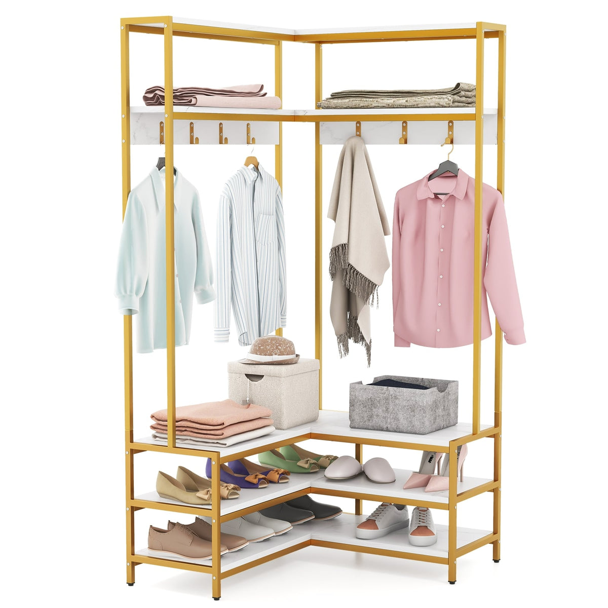 Corner Garment Rack with Open Shelves and 7 Hooks Shoe Bench-White-Clothing & Closet Storage-DECOROLALA