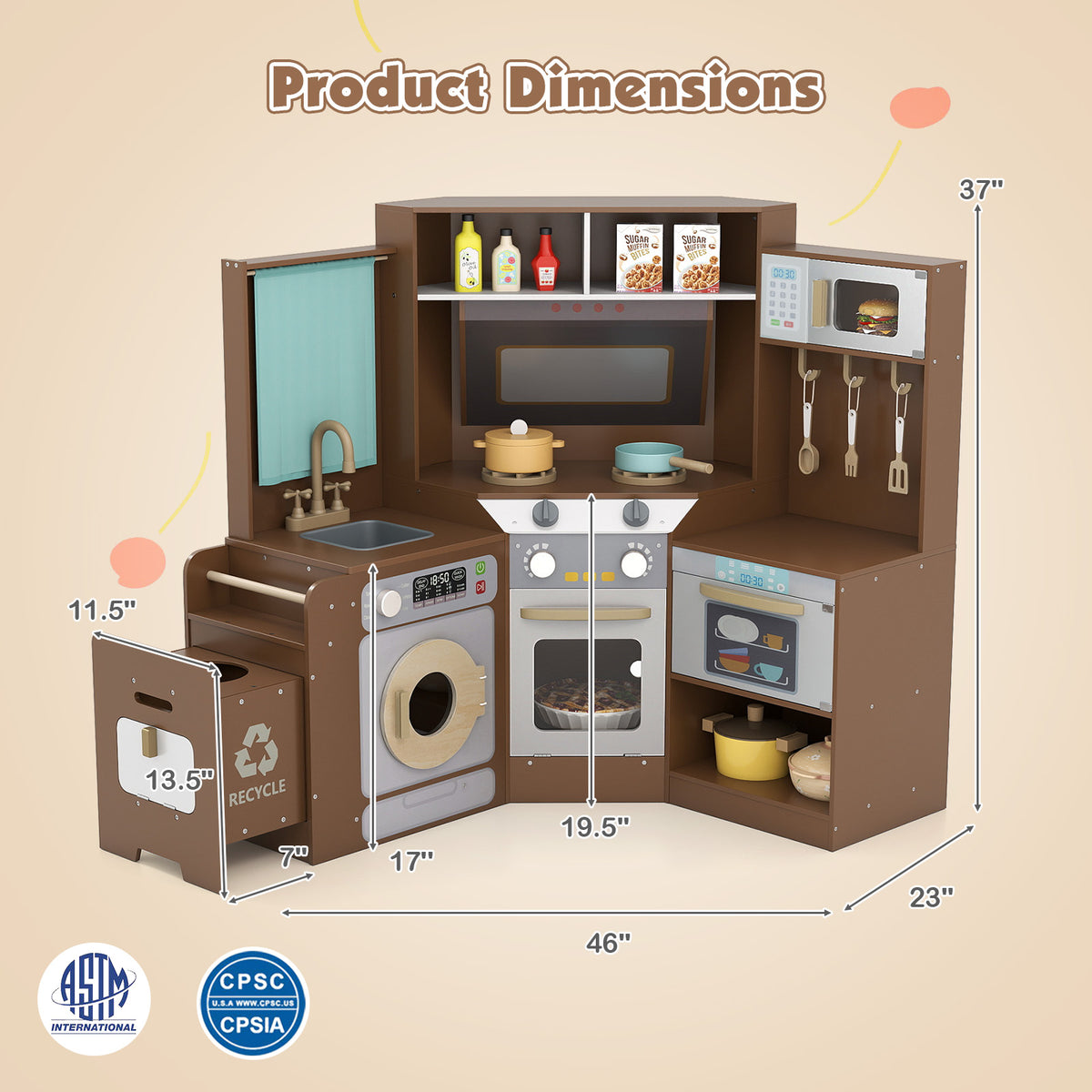 Corner Kitchen Toys with Lights and Sounds with Pull-out Trash Can and Stoves