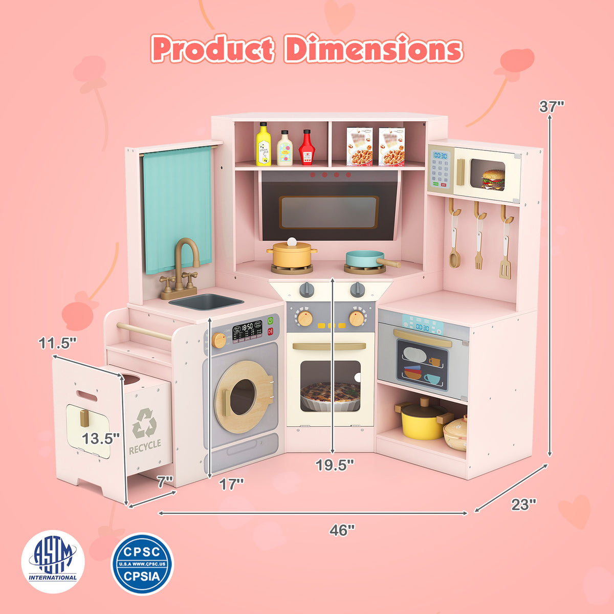 Corner Kitchen Toys with Lights and Sounds with Pull-out Trash Can and Stoves