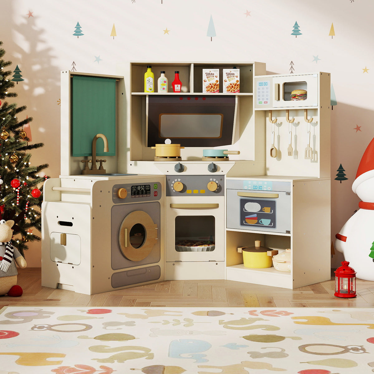 Corner Kitchen Toys with Lights and Sounds with Pull-out Trash Can and Stoves