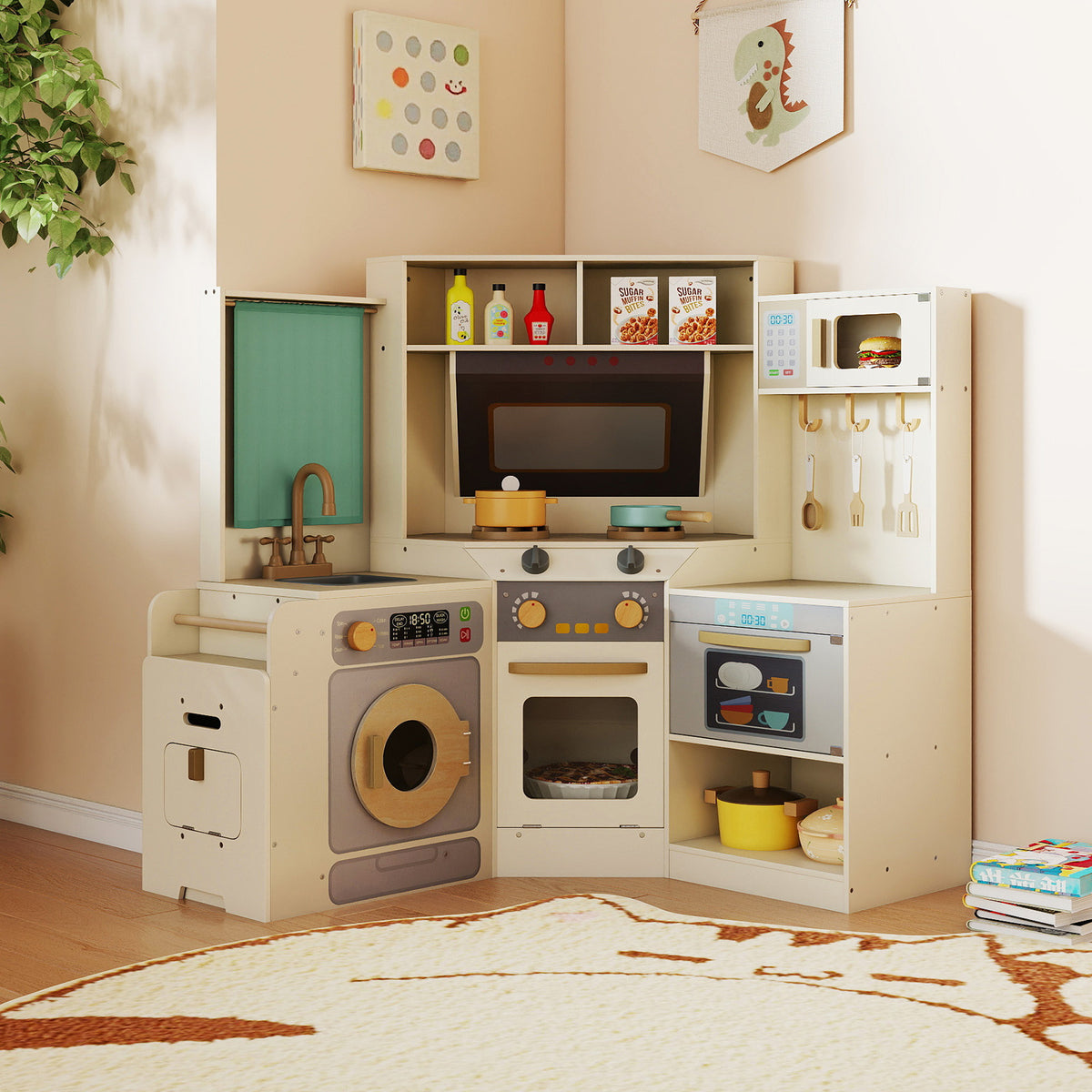 Corner Kitchen Toys with Lights and Sounds with Pull-out Trash Can and Stoves