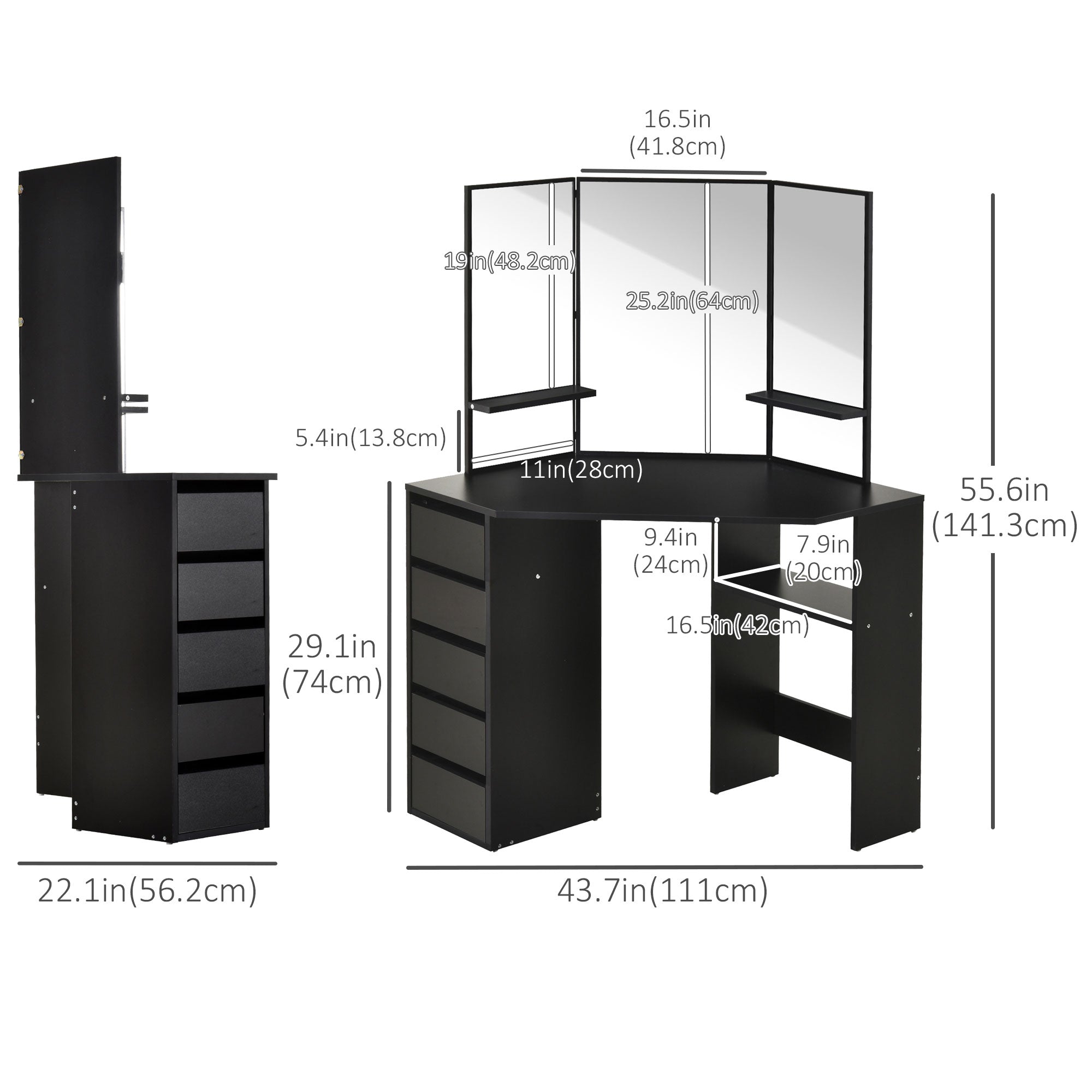 Corner Makeup Vanity Desk with 3-Piece Mirror - Black-DECOROLALA