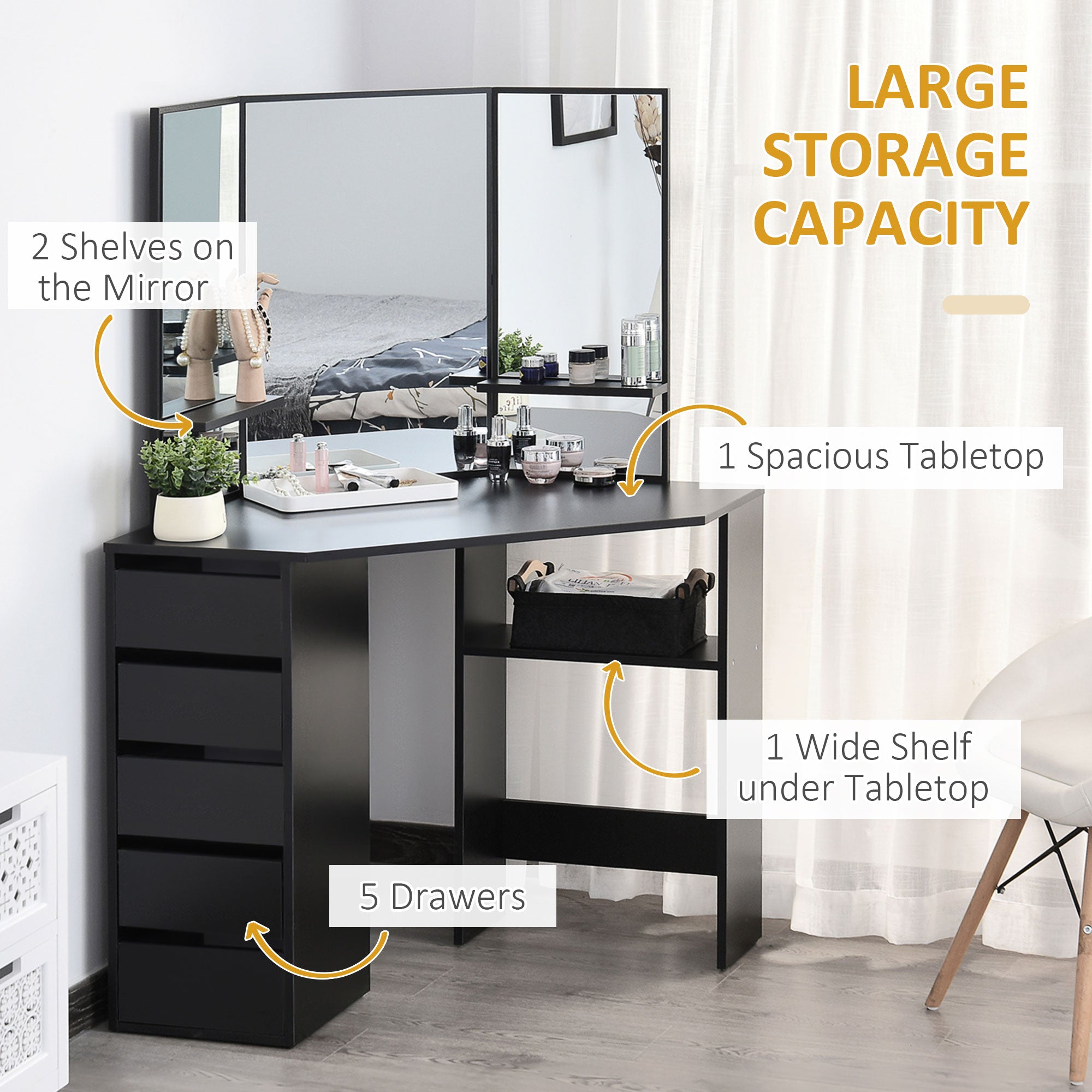 Corner Makeup Vanity Desk with 3-Piece Mirror - Black-DECOROLALA