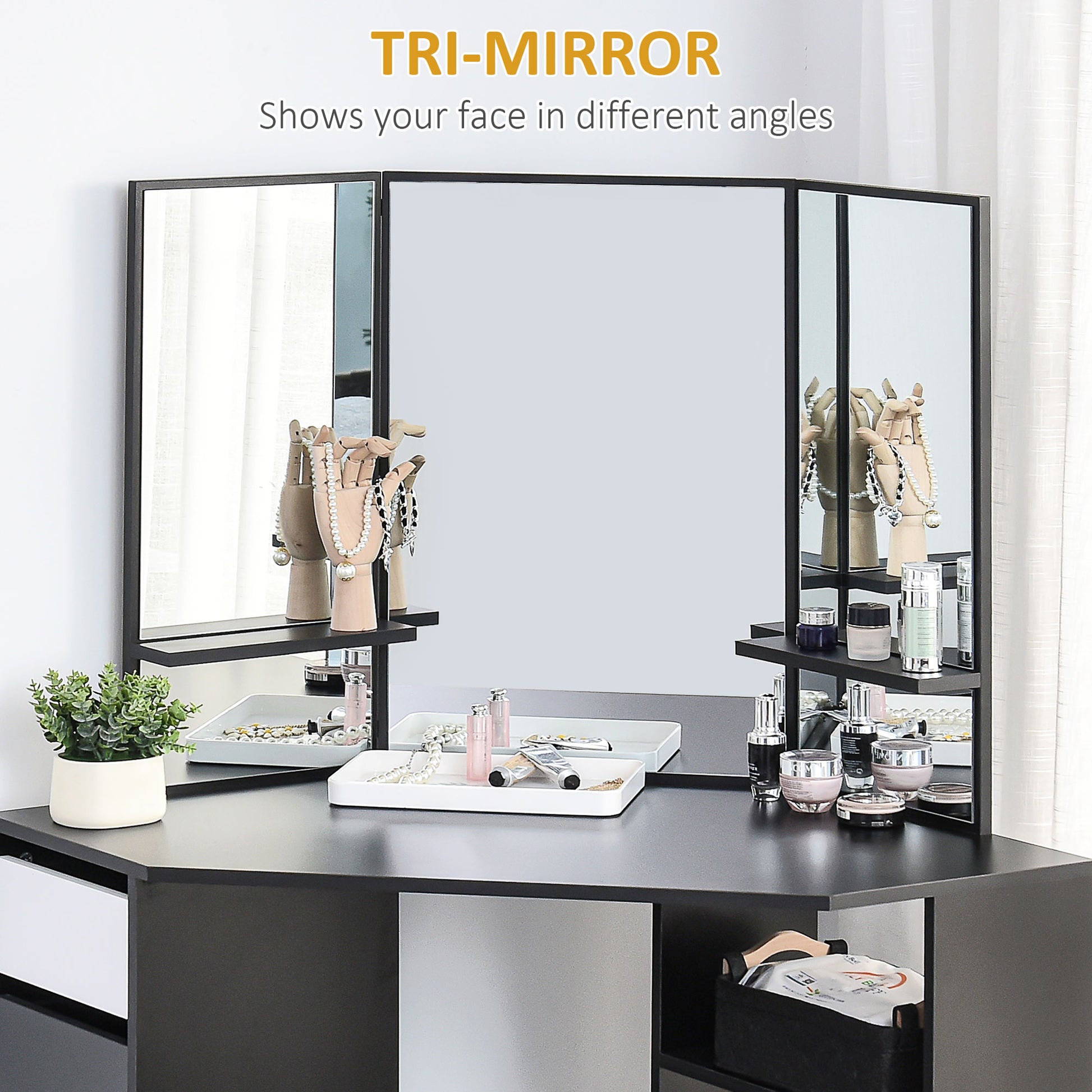 Corner Makeup Vanity Desk with 3-Piece Mirror - Black-DECOROLALA