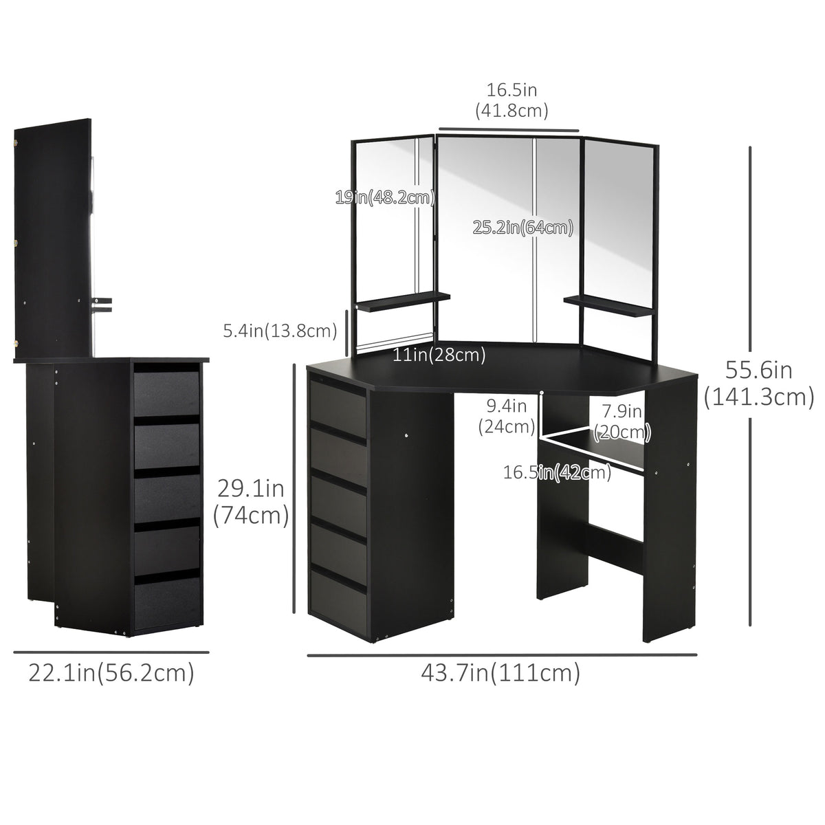 Corner Makeup Vanity Desk with 3-Piece Mirror - Black-DECOROLALA