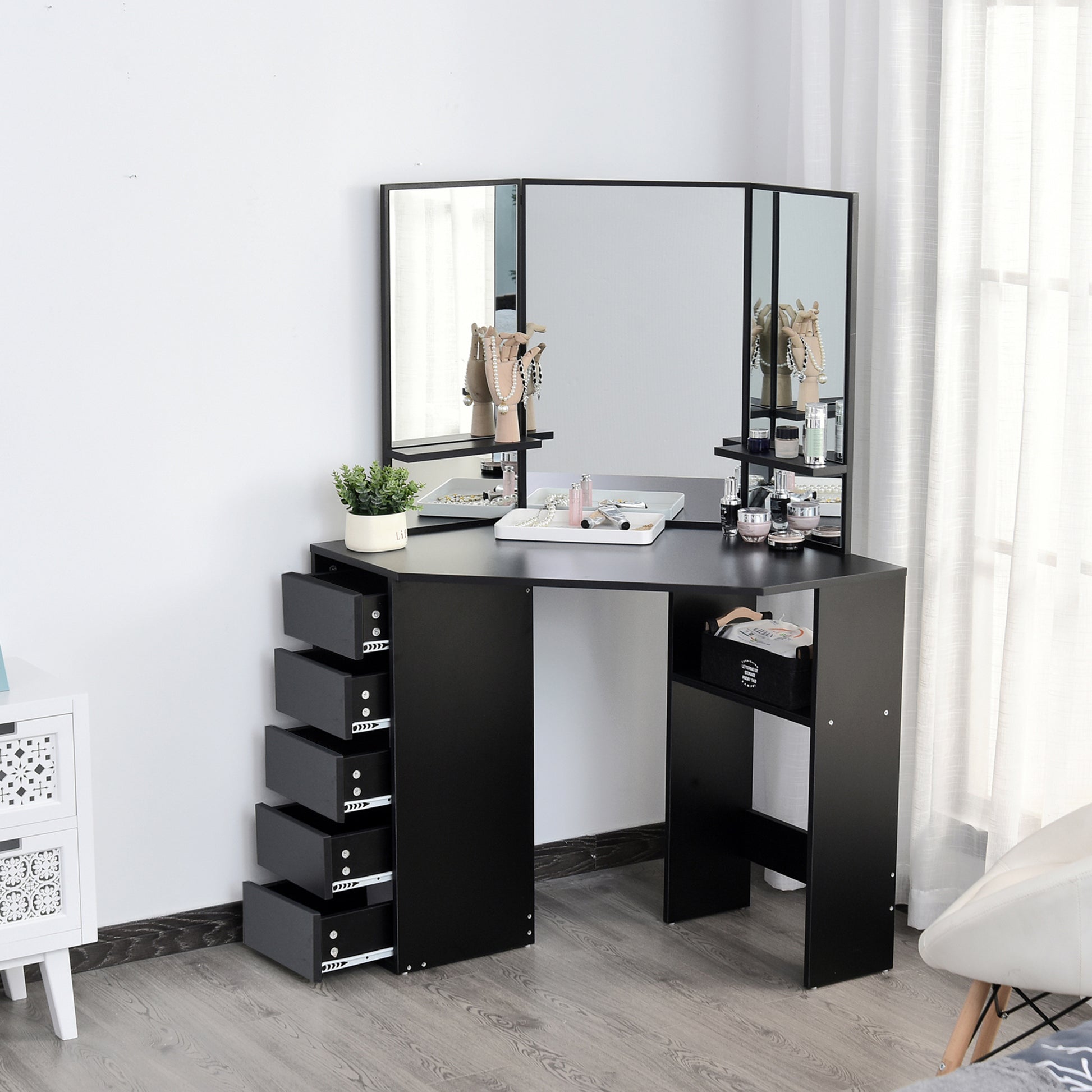 Corner Makeup Vanity Desk with 3-Piece Mirror - Black-DECOROLALA