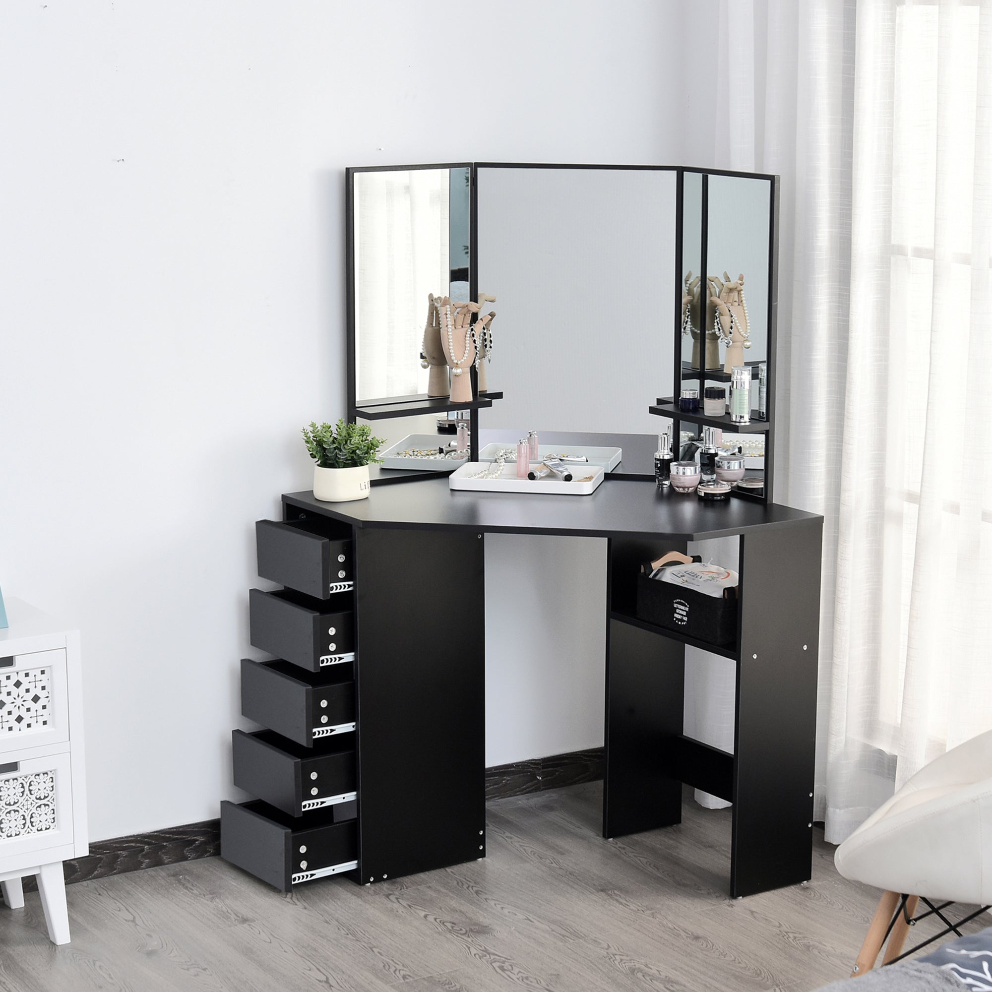 Corner Makeup Vanity Desk with 3-Piece Mirror - Black-DECOROLALA