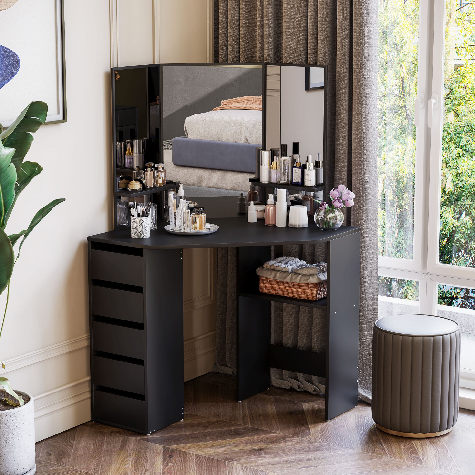 Corner Makeup Vanity Desk with 3-Piece Mirror - Black-DECOROLALA
