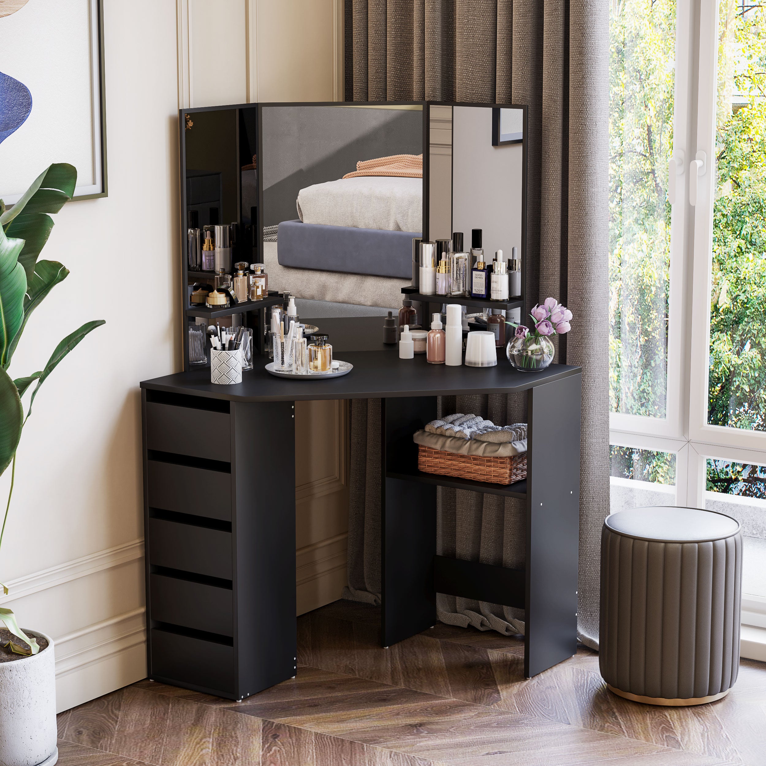 Corner Makeup Vanity Desk with 3-Piece Mirror - Black-DECOROLALA