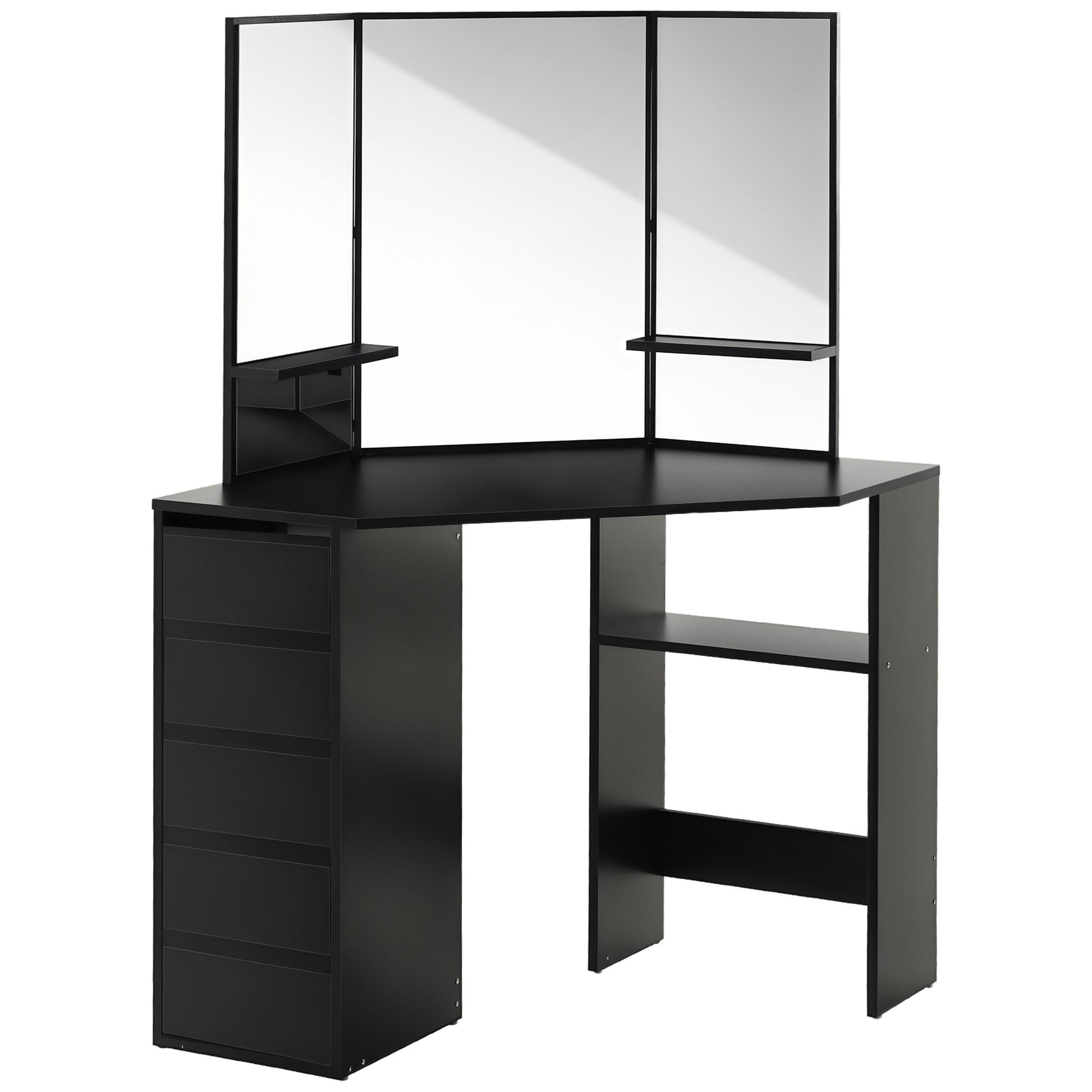 Corner Makeup Vanity Desk with 3-Piece Mirror - Black-DECOROLALA