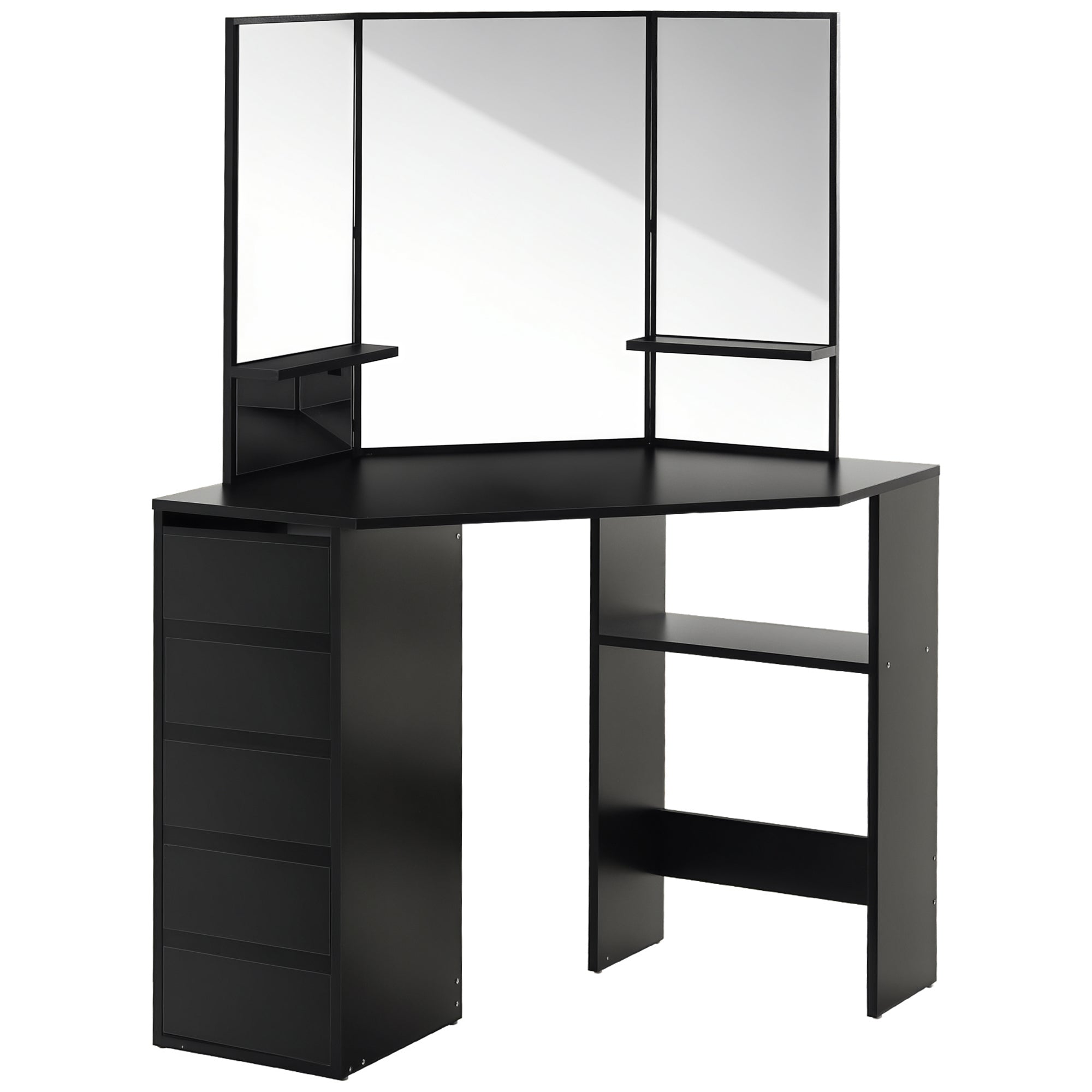 Corner Makeup Vanity Desk with 3-Piece Mirror - Black-DECOROLALA