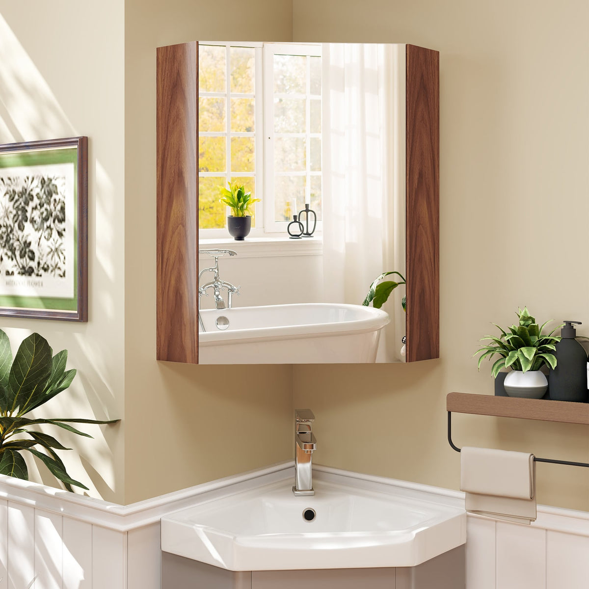 Corner Medicine Cabinet with Mirror - Brown Wall Mount Storage-Wall Cabinets-DECOROLALA