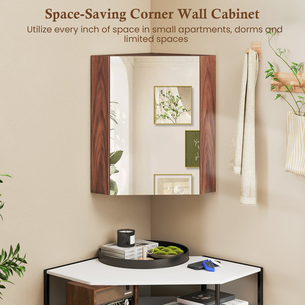 Corner Medicine Cabinet with Mirror - Brown Wall Mount Storage-Wall Cabinets-DECOROLALA