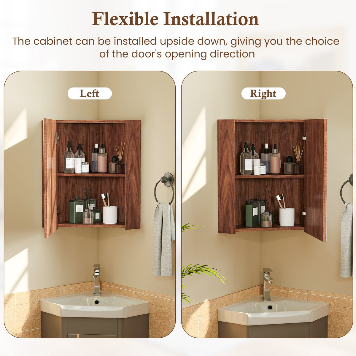 Corner Medicine Cabinet with Mirror - Brown Wall Mount Storage-Wall Cabinets-DECOROLALA