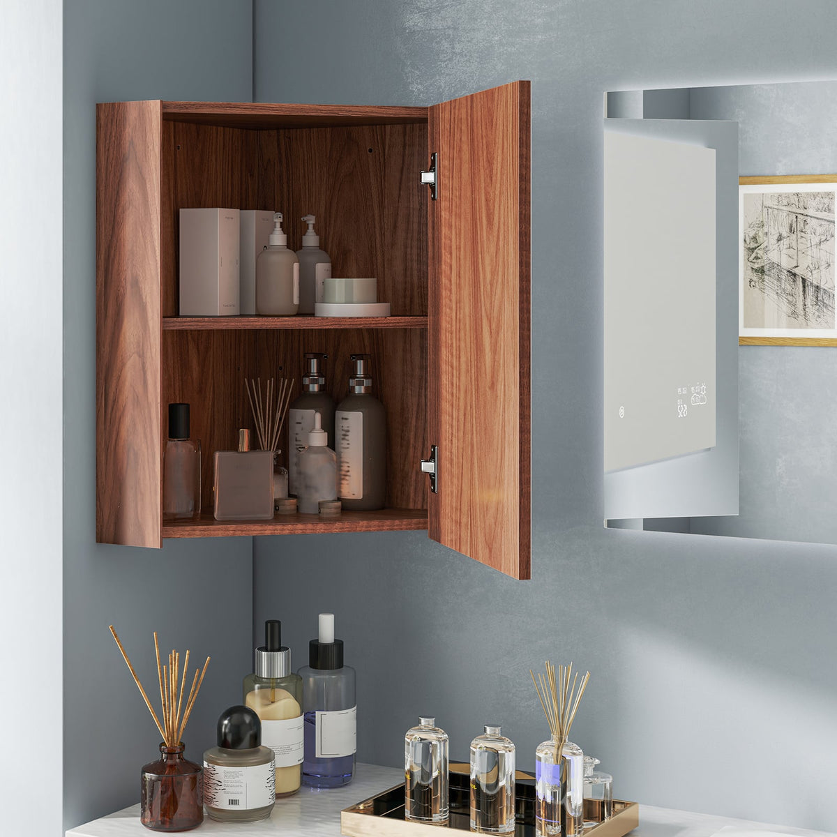 Corner Medicine Cabinet with Mirror - Brown Wall Mount Storage-Wall Cabinets-DECOROLALA