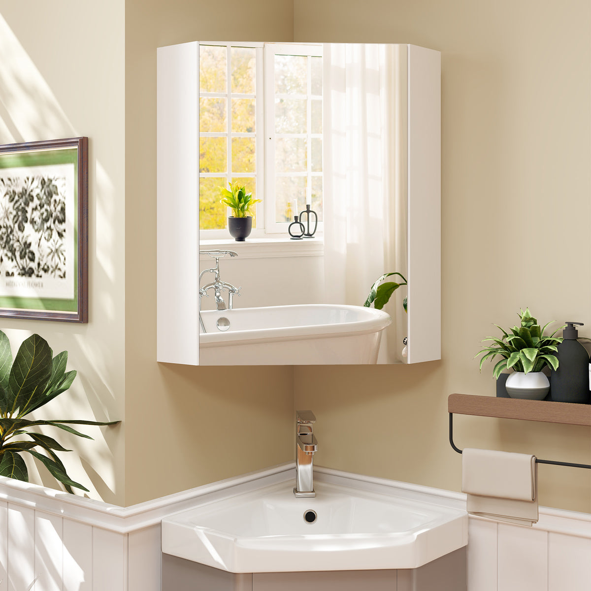 Corner Medicine Cabinet with Mirror and Adjustable Shelf - White-Wall Cabinets-DECOROLALA