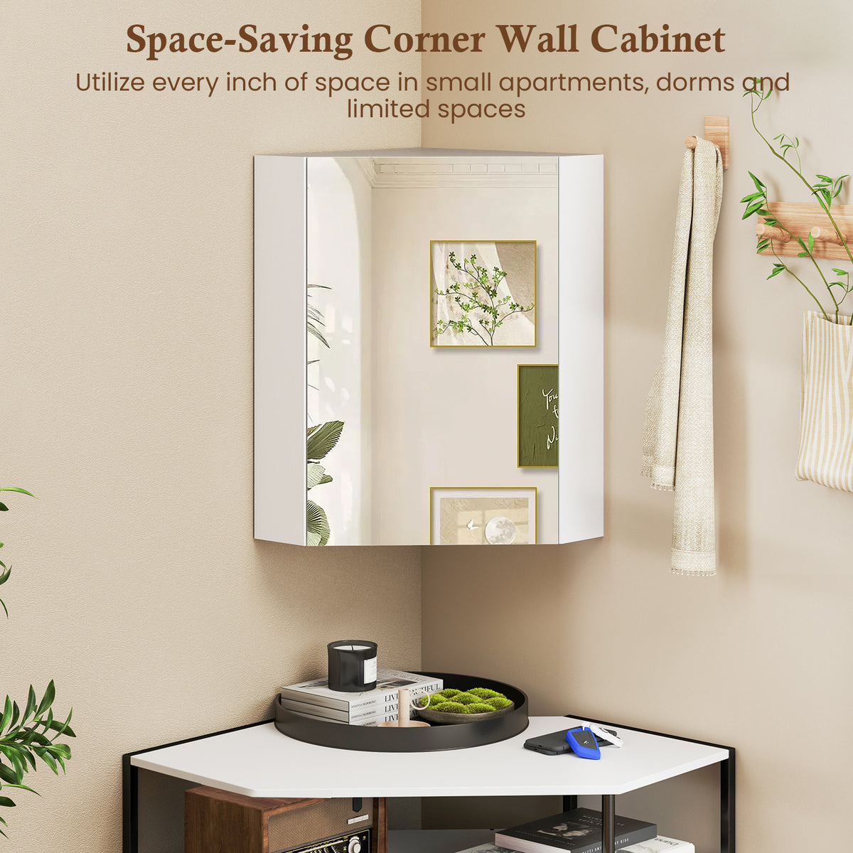 Corner Medicine Cabinet with Mirror and Adjustable Shelf - White-Wall Cabinets-DECOROLALA
