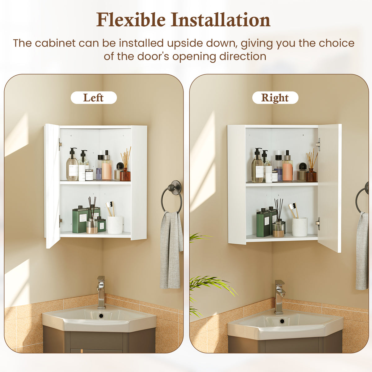 Corner Medicine Cabinet with Mirror and Adjustable Shelf - White-Wall Cabinets-DECOROLALA